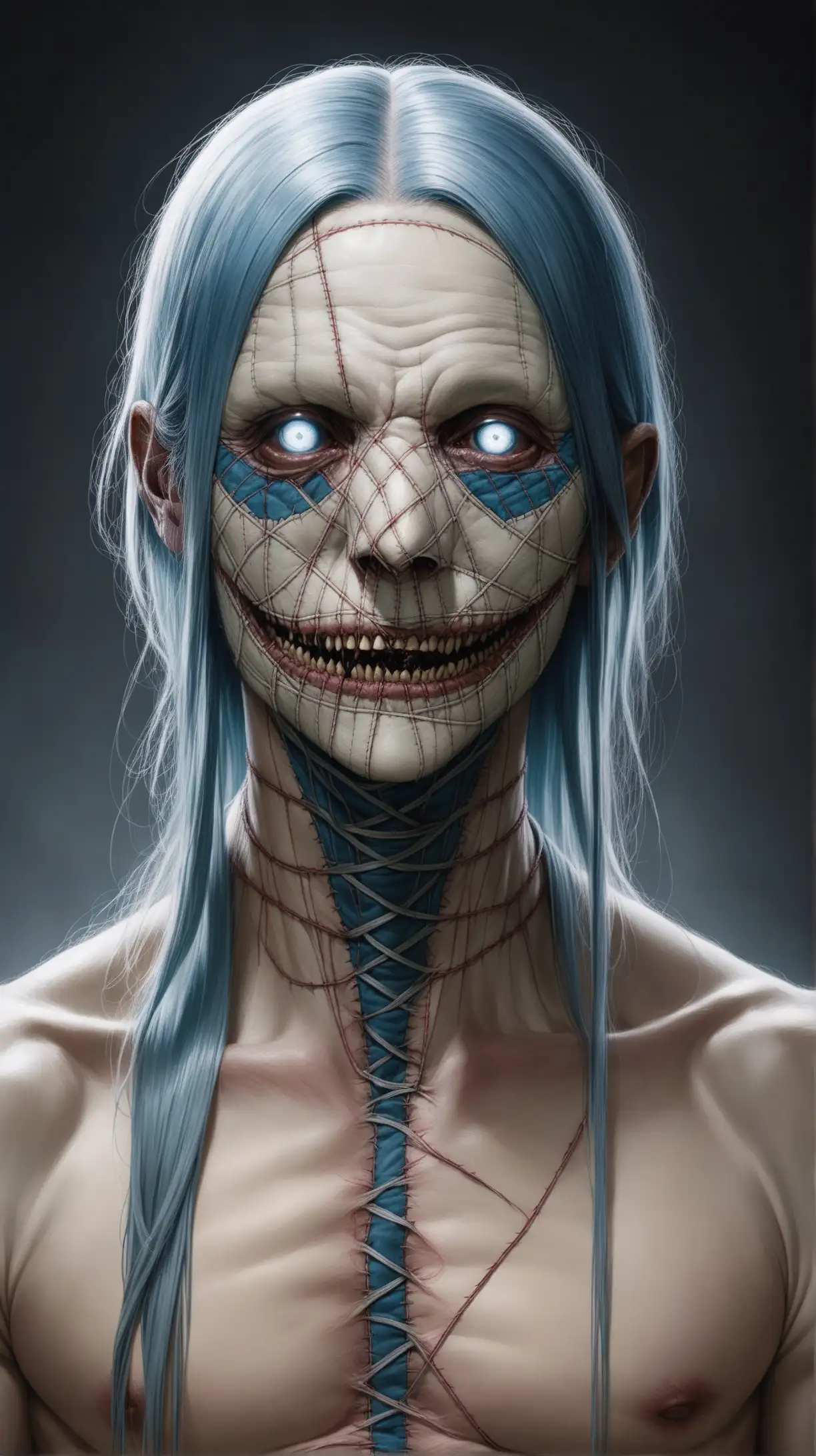 human-looking cursed spirit with a patchwork face and gray eyes, long grayish-blue hair that reaches past his neck and is sectioned off into three large strands with ties at the ends, Along with his face, Mahito has stitches all across his body that give him the appearance that he was sewn together, photo-realistic, hyper-realistic