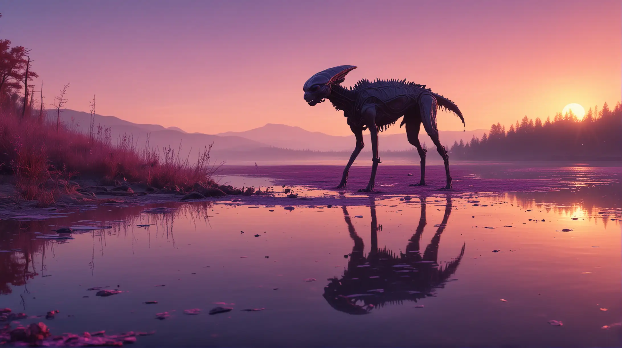 an alien walks with an animal similar to the dog along the shore of a lake with violet water, sunset
