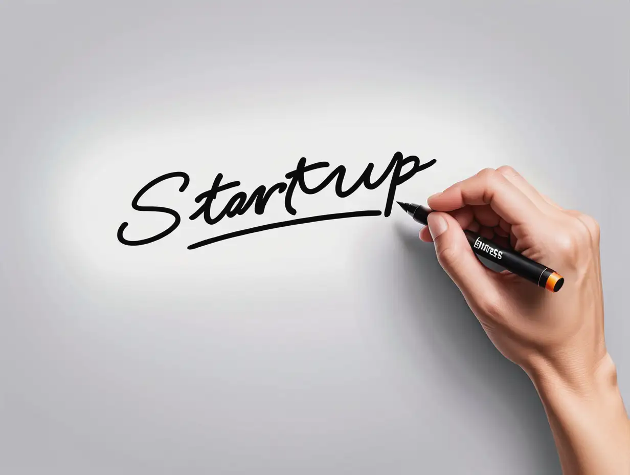 depict the concept of a business startup, a hand holding a marker, writing "BUSINESS STARTUP" in mid-air on a clear surface, symbolizing the conception and initiation of a new business.