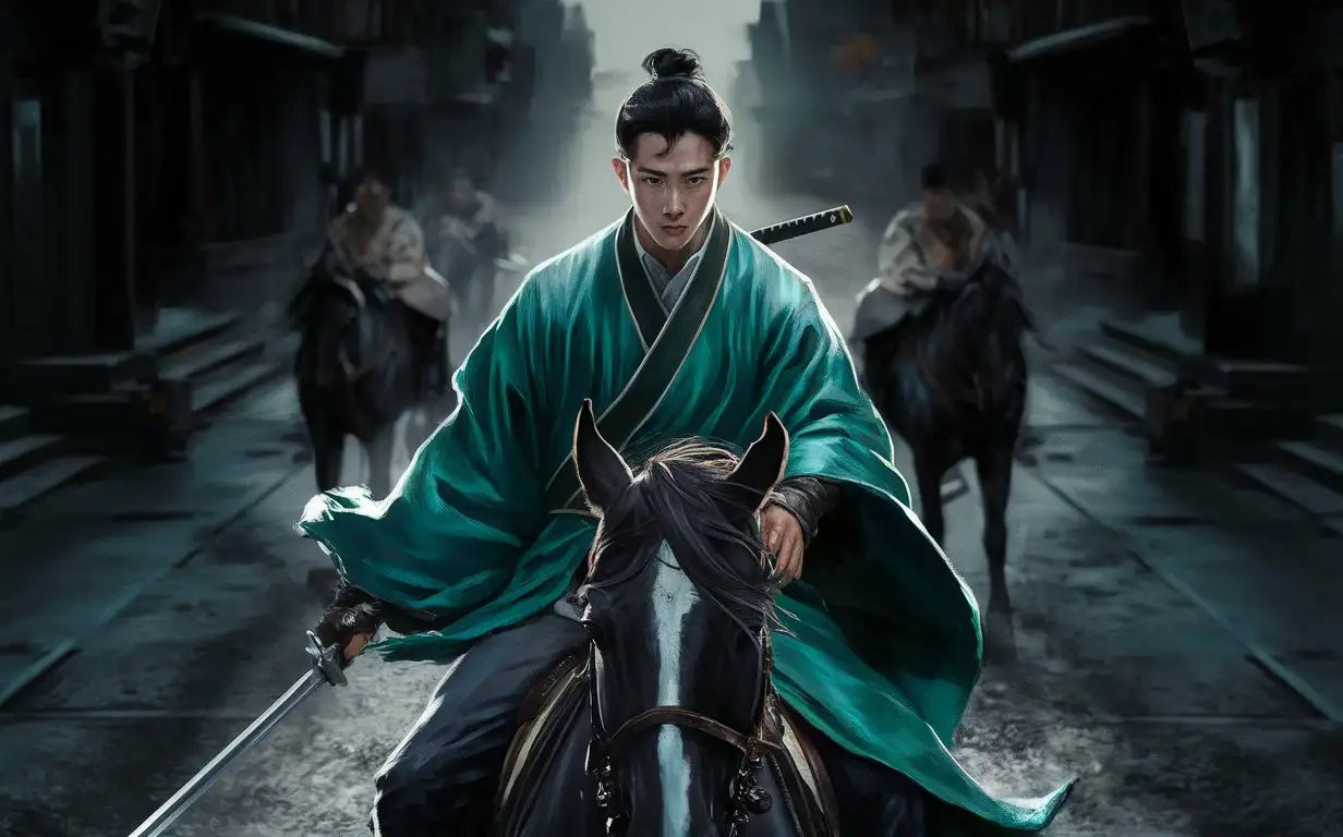一位中國年輕人穿青衫拿著劍在城中騎著馬
街上沒有人
不要沒有文字