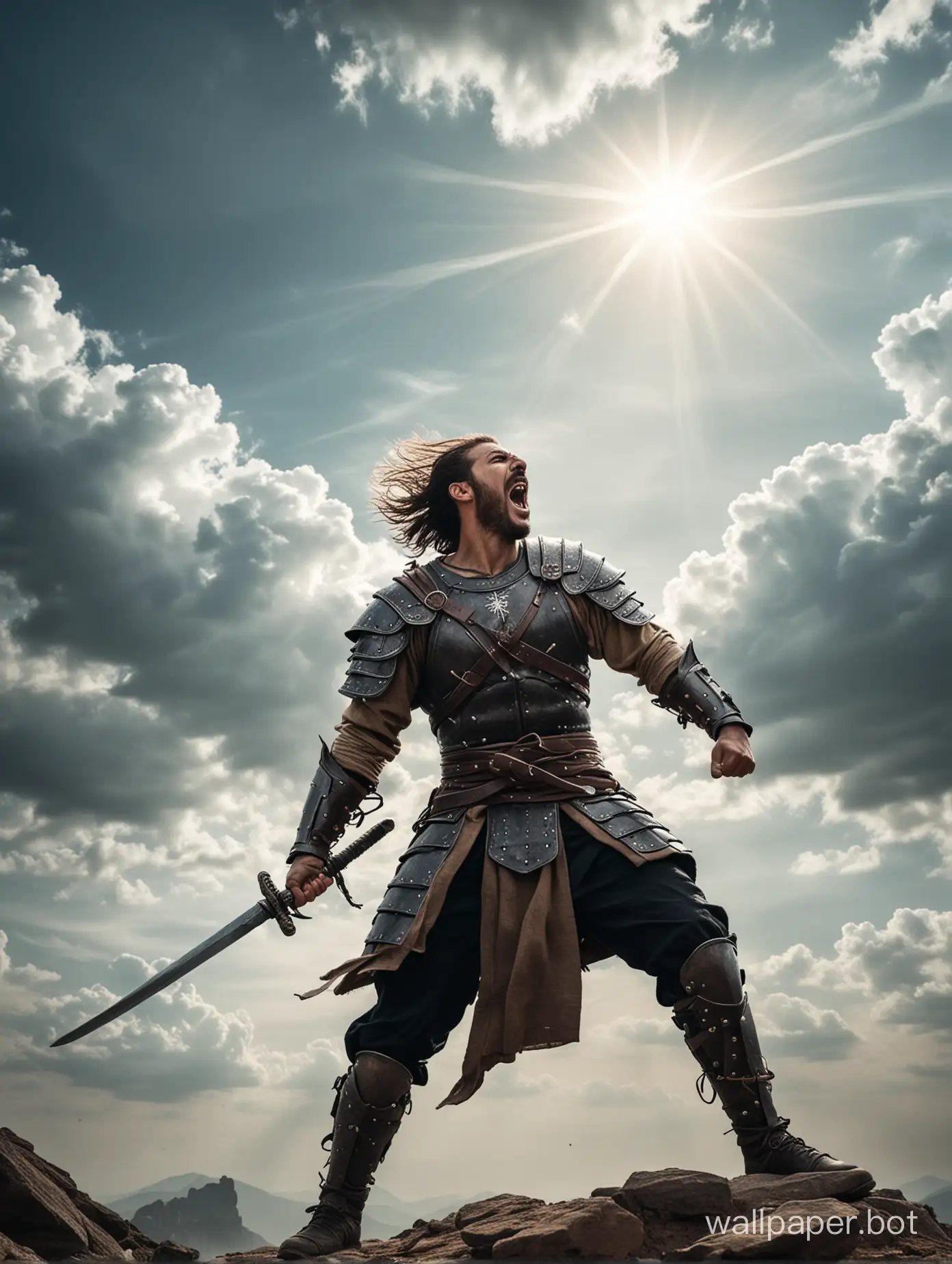 A warrior fighting with two swords and shouting while looking towards sky.