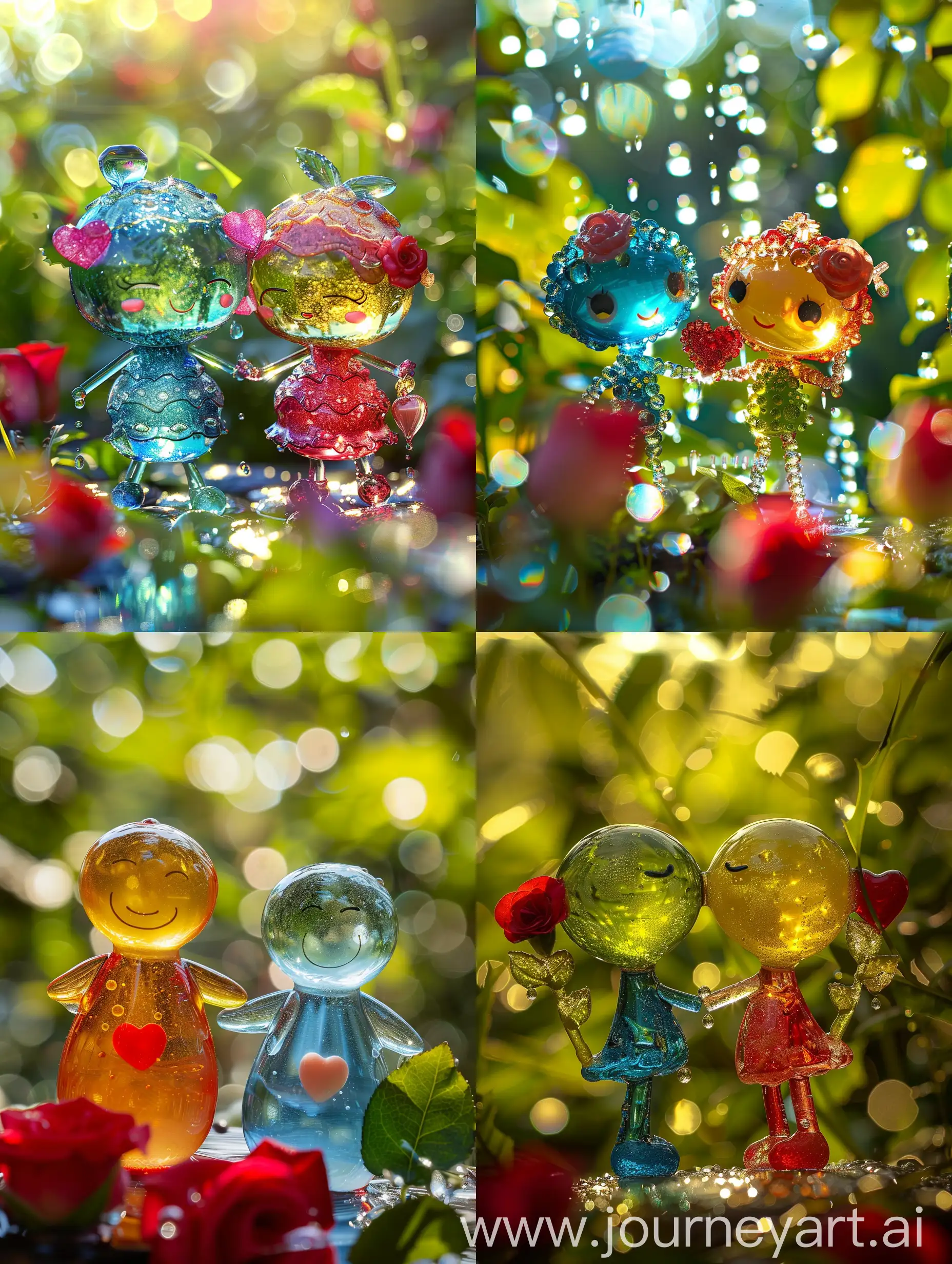 create two colourful crystall glass charecter of joyfull doll, cute face, they holding hand each other, lush garden with sparkling water droplets, red rose and heart shape background
