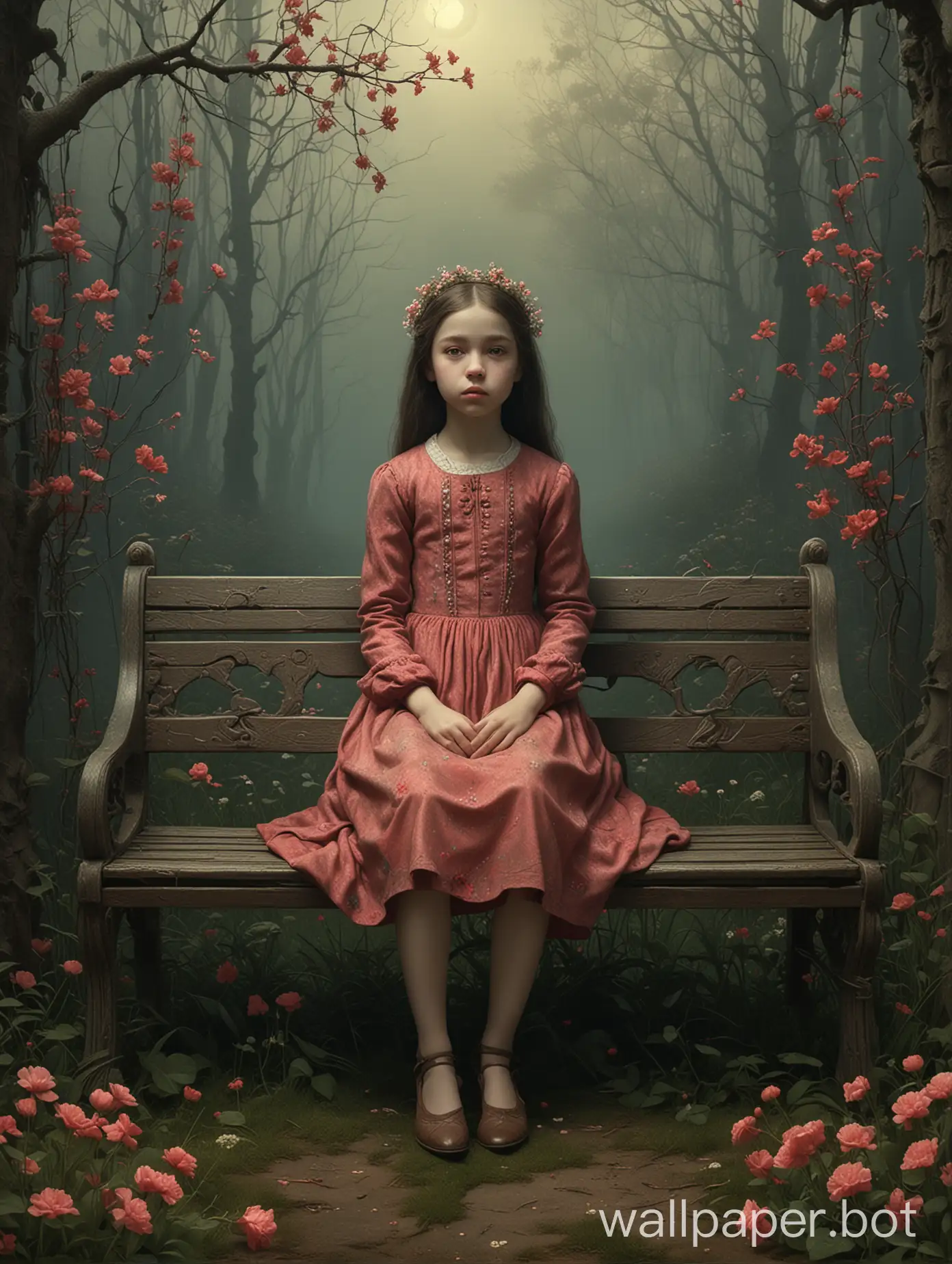 Matte vibrant movie poster with an epic royal composition. (A 5 year old girl in a park on a bench), style by Nicoletta Ceccoli, small flowers everywhere, on a scratched cracked texture, craquelure paint, intricate details, clarity, sharpness, surreal digital illustration, 32k, cinematic, ultra-high detail, artstation trend, Giger Beksinski Repin, perfect composition
