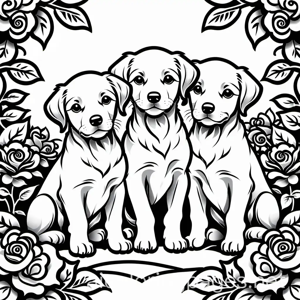 Three-Puppies-Enjoying-a-Playful-Romp-in-a-Serene-Rose-Garden-Coloring-Page