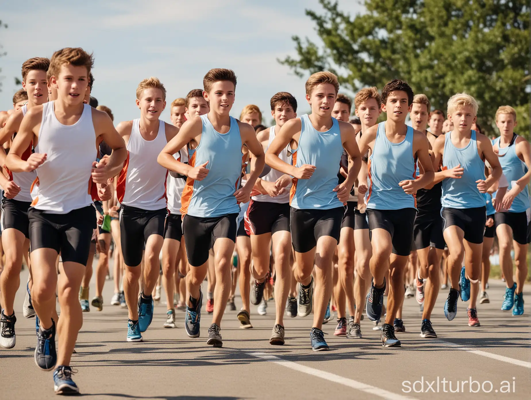 Cute-Young-Male-Triathlon-Boys-Running-Side-by-Side-in-Dynamic-Low-Angle-Shot