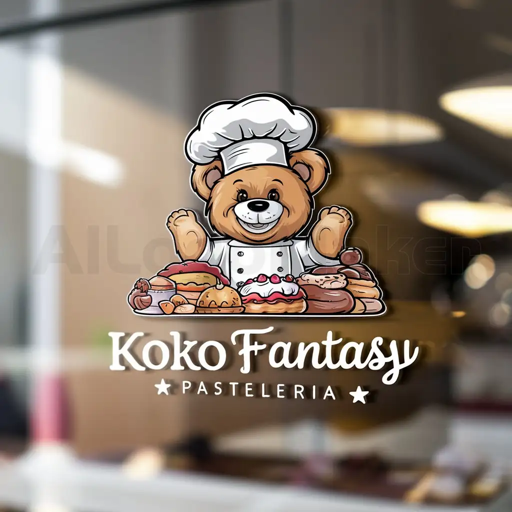 a logo design,with the text "Koko Fantasy", main symbol:teddy bear pastry chef,Moderate,be used in pasteleria industry,clear background