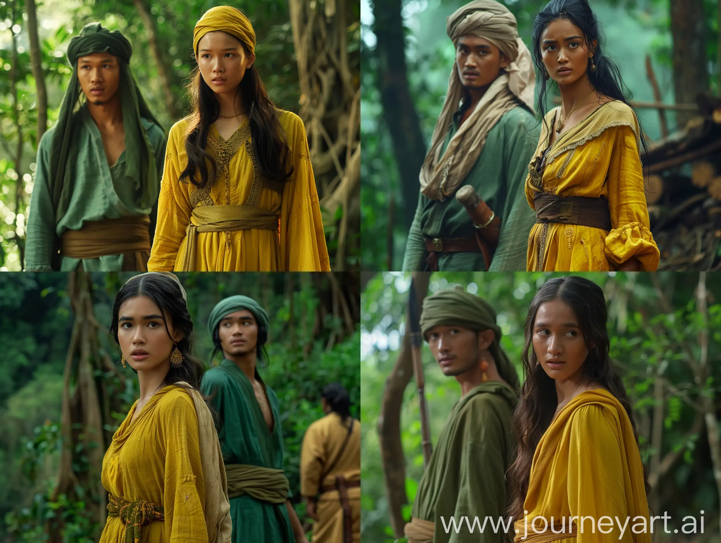 movie scene of the Indonesian kingdom, a young woman dressed in a yellow dress and a cloth slung over her right shoulder, long hair and in a bun seen with a young man dressed in green, wearing a head covering, forest background