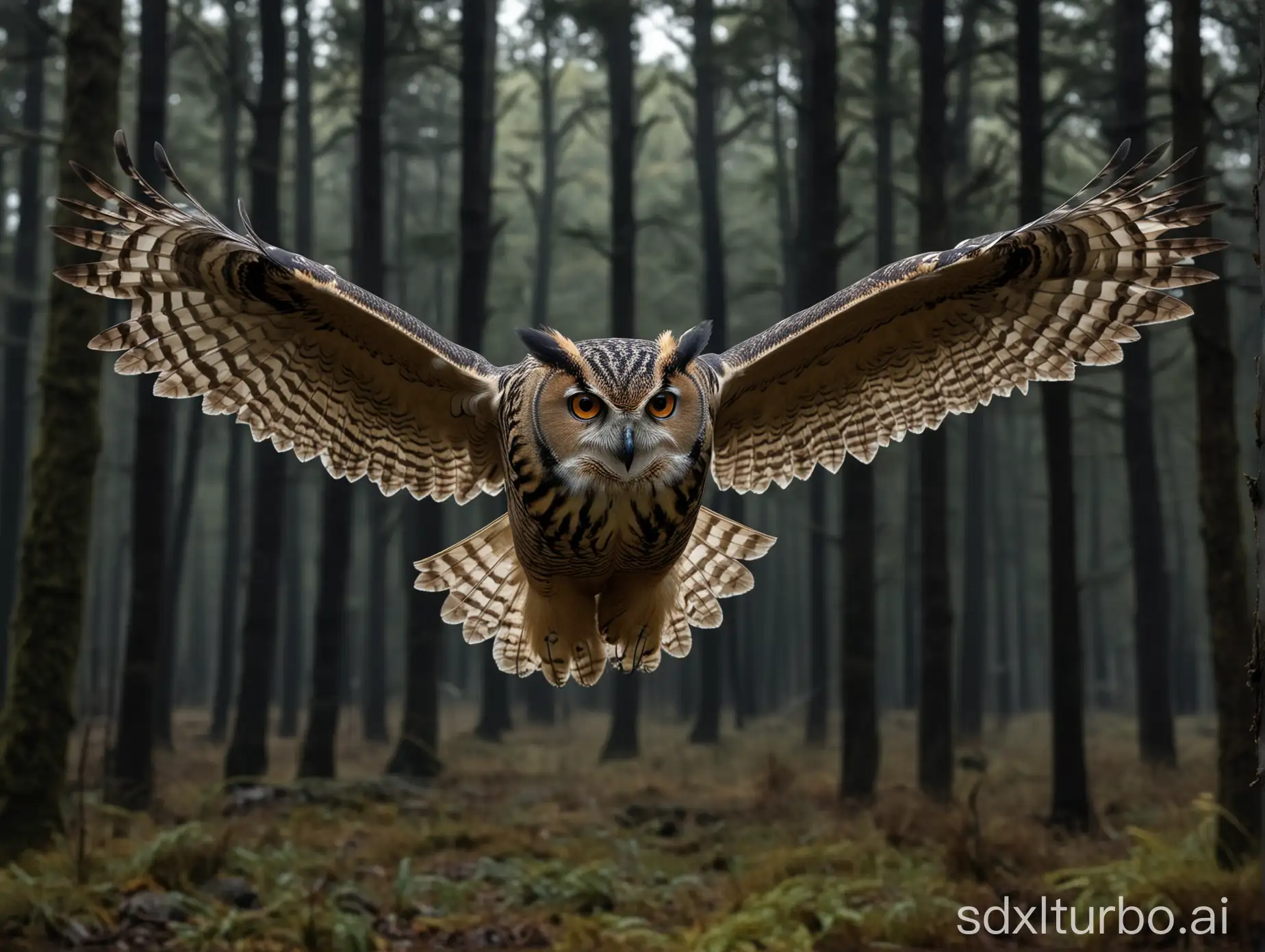 eagle owl flying towards the viewer, background is dark greed forest unsharp