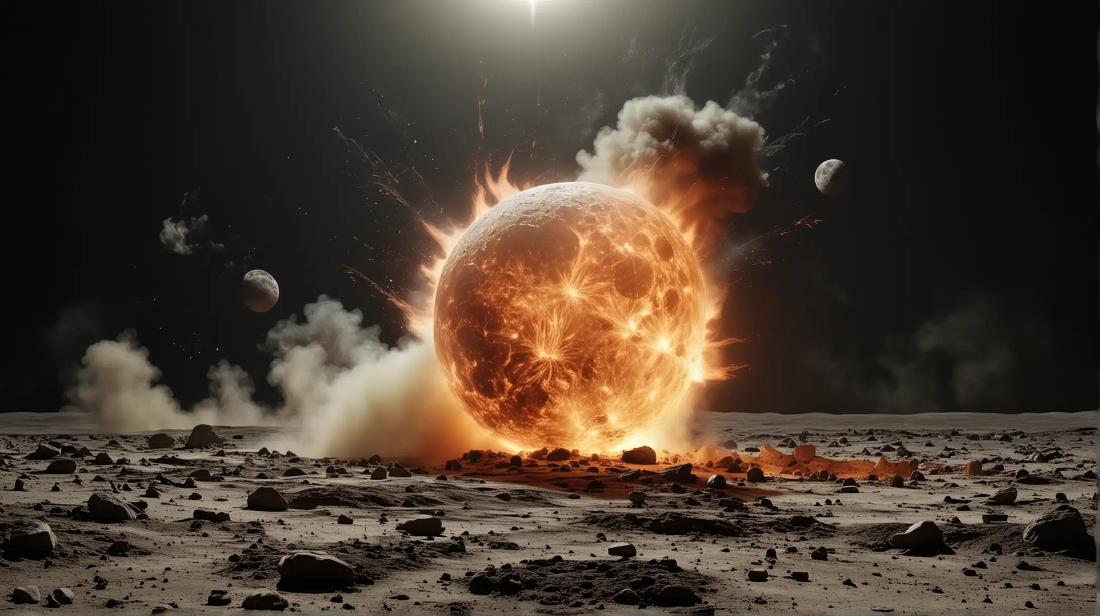 a great fireball hits the moon surface and makes a very deep crack in the moon, fire, smoke, dust