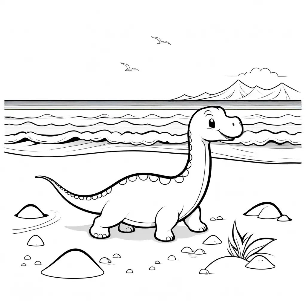 cute simplistic chibi style Diplodocus having fun at the beach, Coloring Page, black and white, line art, white background, Simplicity, Ample White Space. The background of the coloring page is plain white to make it easy for young children to color within the lines. The outlines of all the subjects are easy to distinguish, making it simple for kids to color without too much difficulty