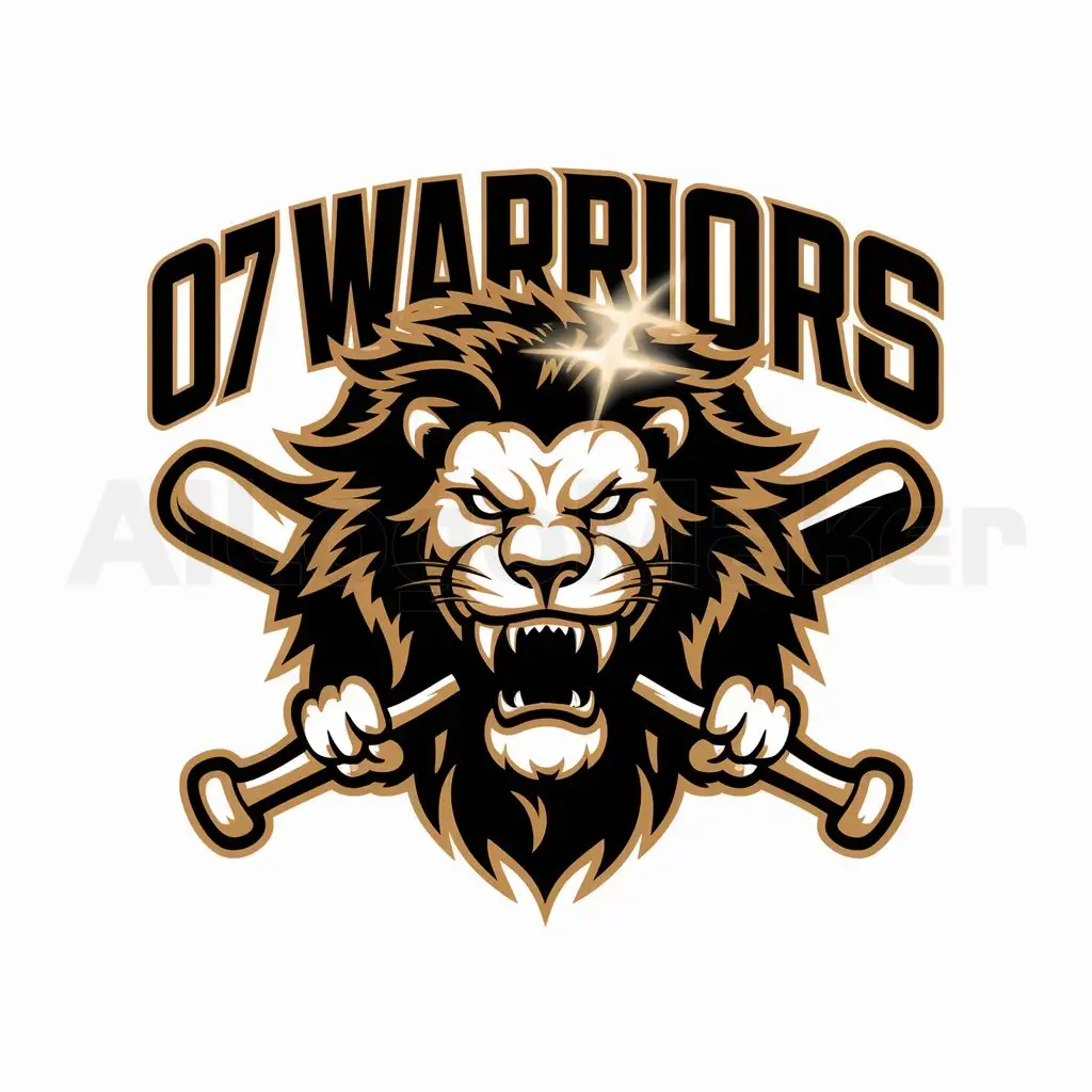 a logo design,with the text "07  WARRIORS", main symbol:Angry Lion with bat and ball,complex,be used in Sports Fitness industry,clear background