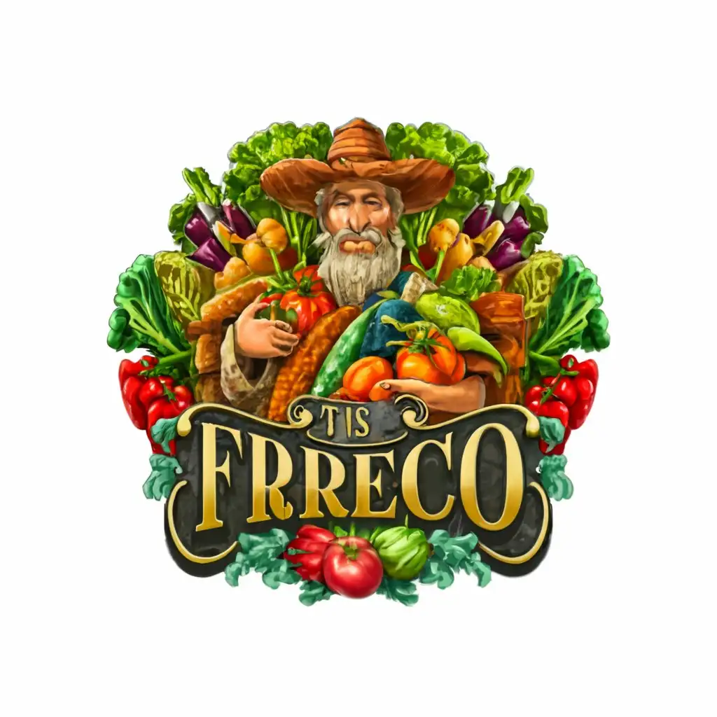 a logo design,with the text "This is a fresco", main symbol:real vegetables and fruits with farmer,complex,clear background