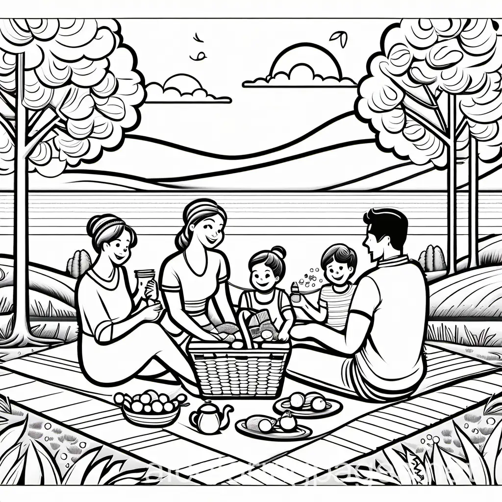 Family having a picnic, Coloring Page, black and white, line art, white background, Simplicity, Ample White Space. The background of the coloring page is plain white to make it easy for young children to color within the lines. The outlines of all the subjects are easy to distinguish, making it simple for kids to color without too much difficulty