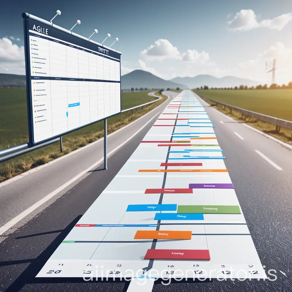 project schedule, gantt chart, agile board and timeline floating over a road in sky

