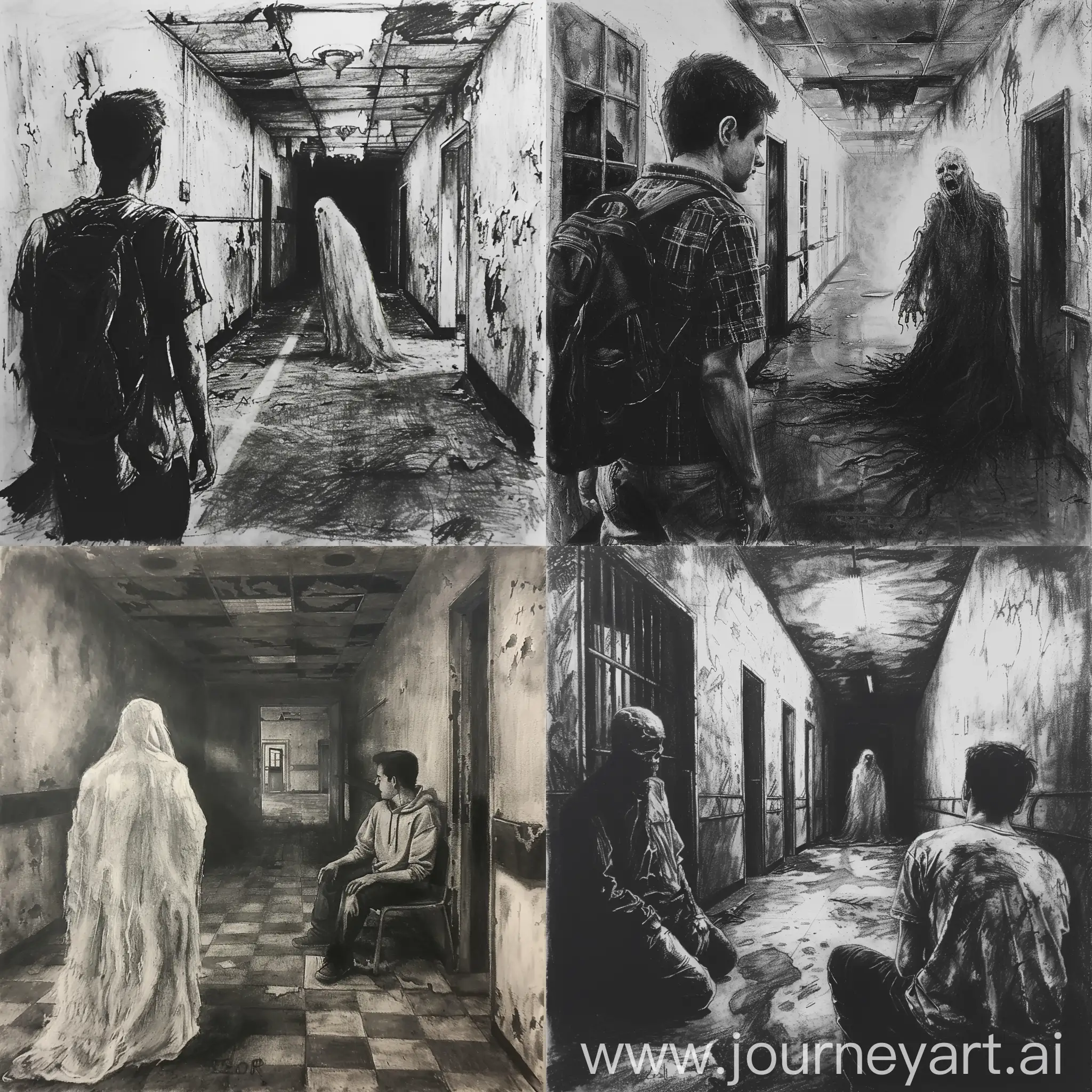 A creepy charcoal drawing about a guy meeting with a sinister ghost in an abandoned mental hospital