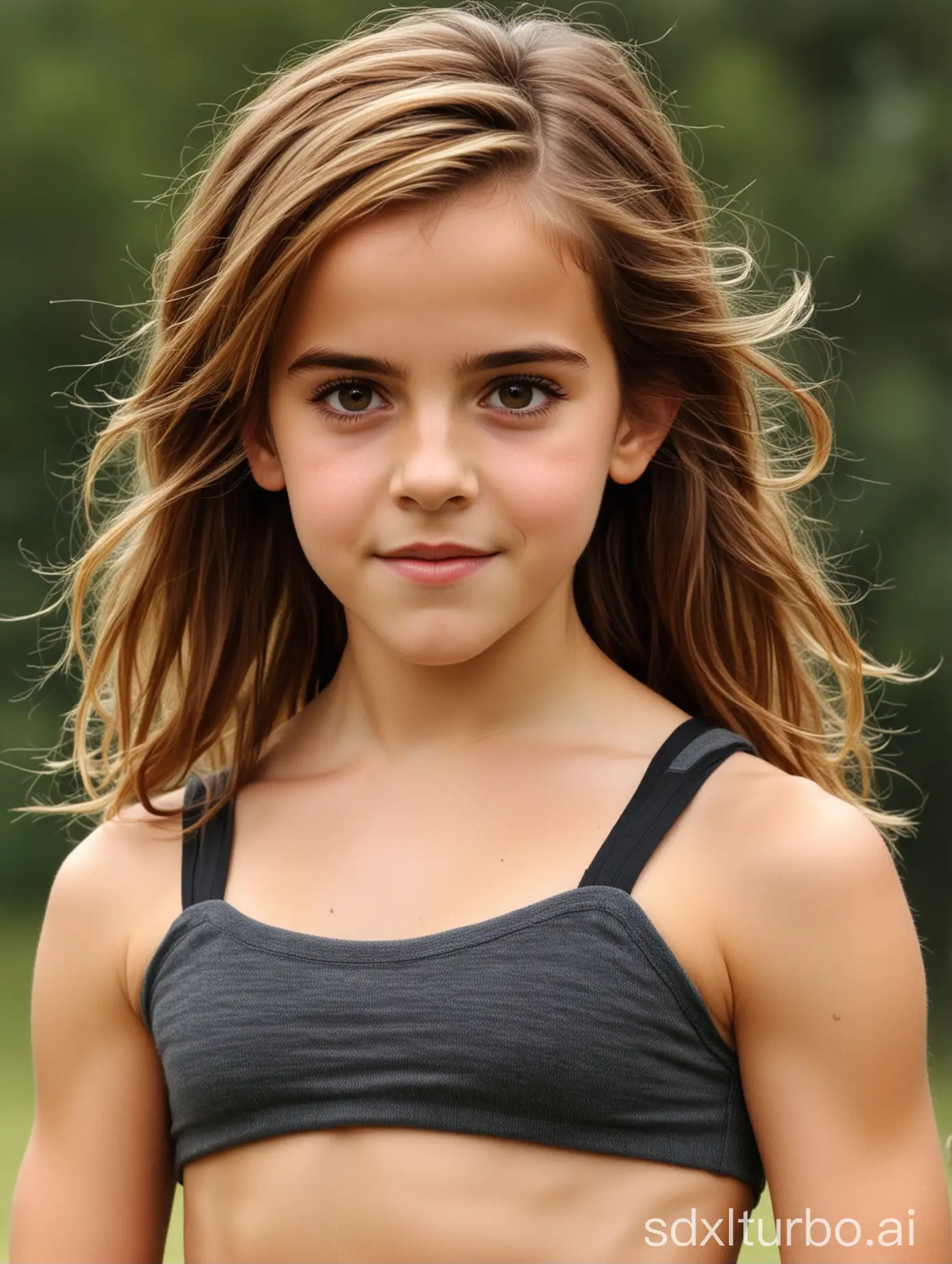 Emma Watson at 6 years old, long hair, very muscular abs, Hermiona