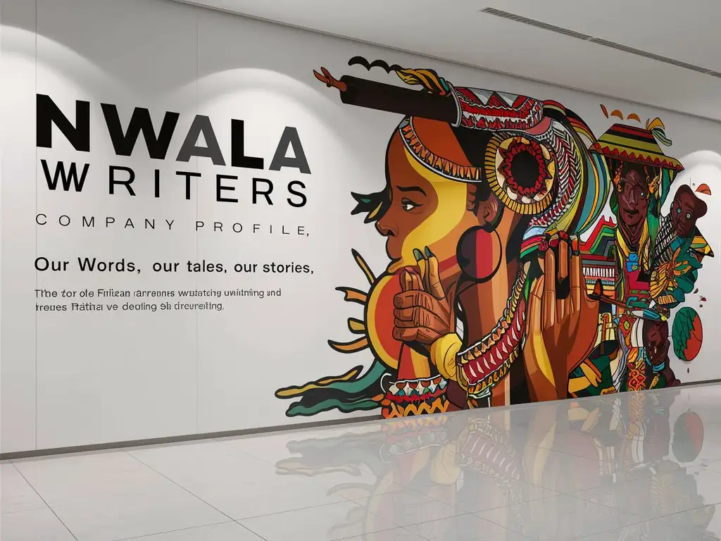 wall banner Writers company  animation design. Title 'Nwala Writers" Subtitle 'Company Profile' Tagline "Our Words, Our Tales, Our Stories" an African storyteller and writer, white background