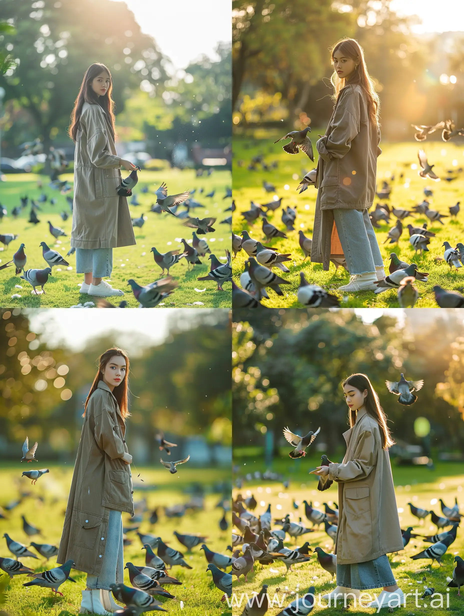 Thai-Woman-Feeding-Pigeons-in-Grassy-Field-under-Bright-Sunlight