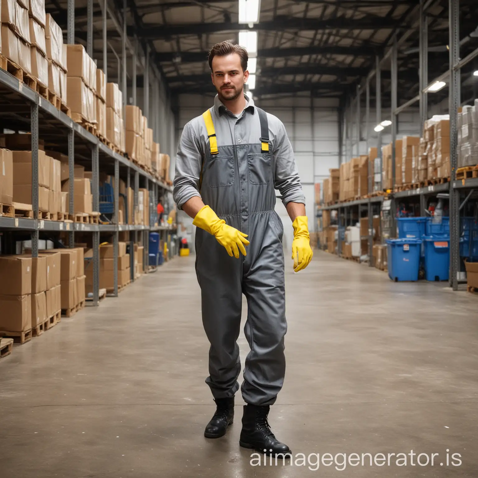 a man-cleaners-in gray special clothes -in yellow gloves clean the warehouse complex