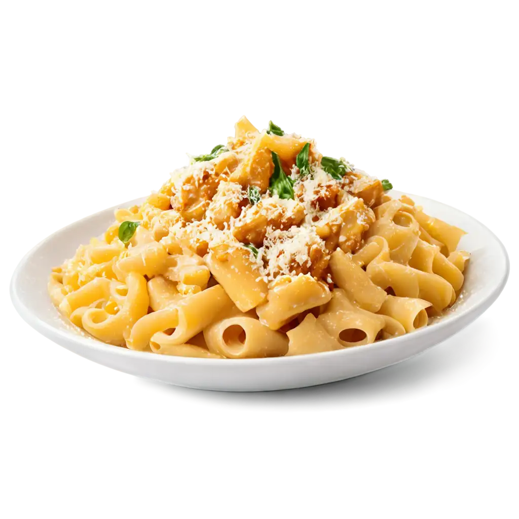 A plate of chicken and cheese pasta