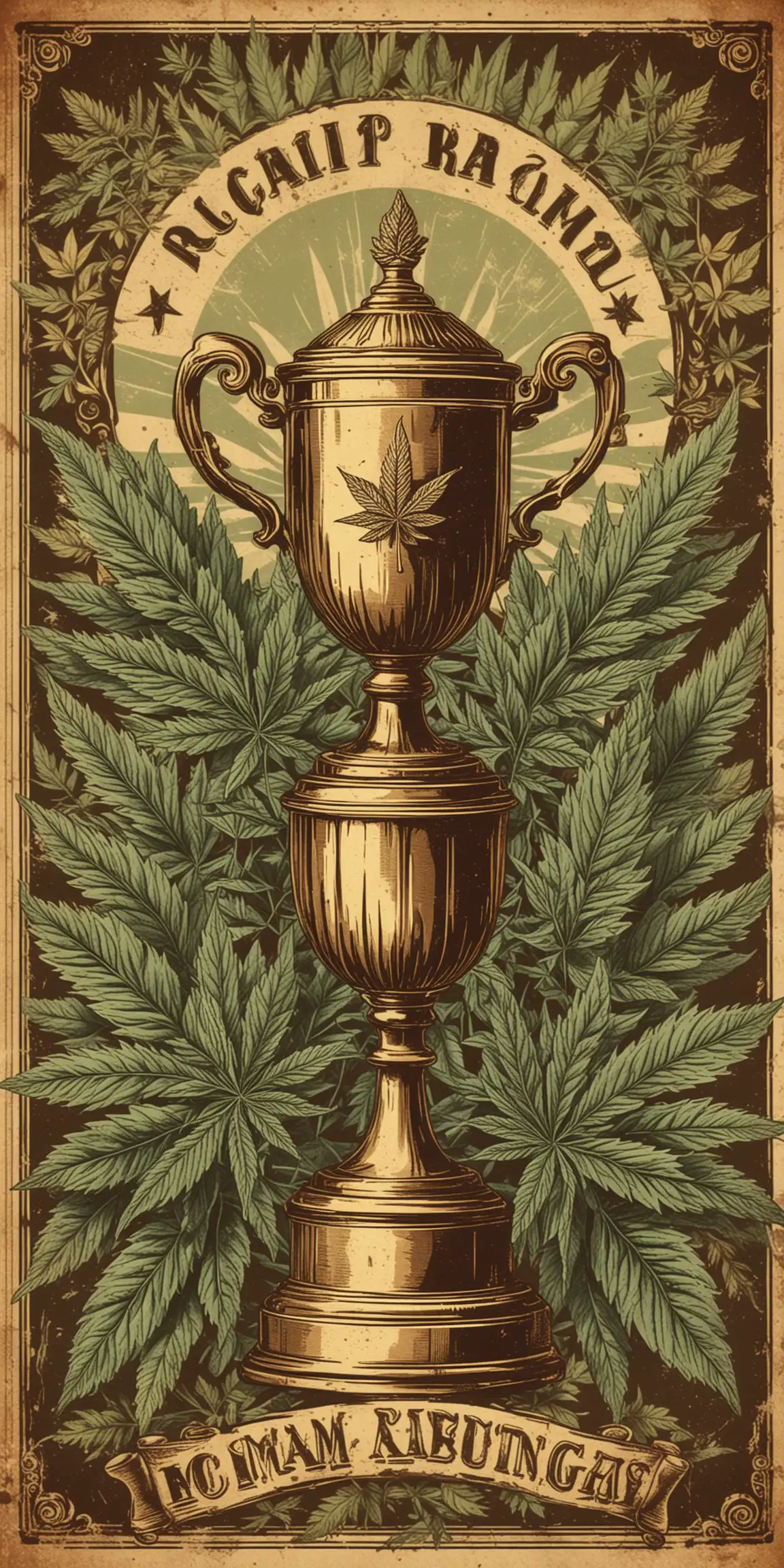 Vintage Race Themed Poster Illustration with Trophy and Cannabis Leaves