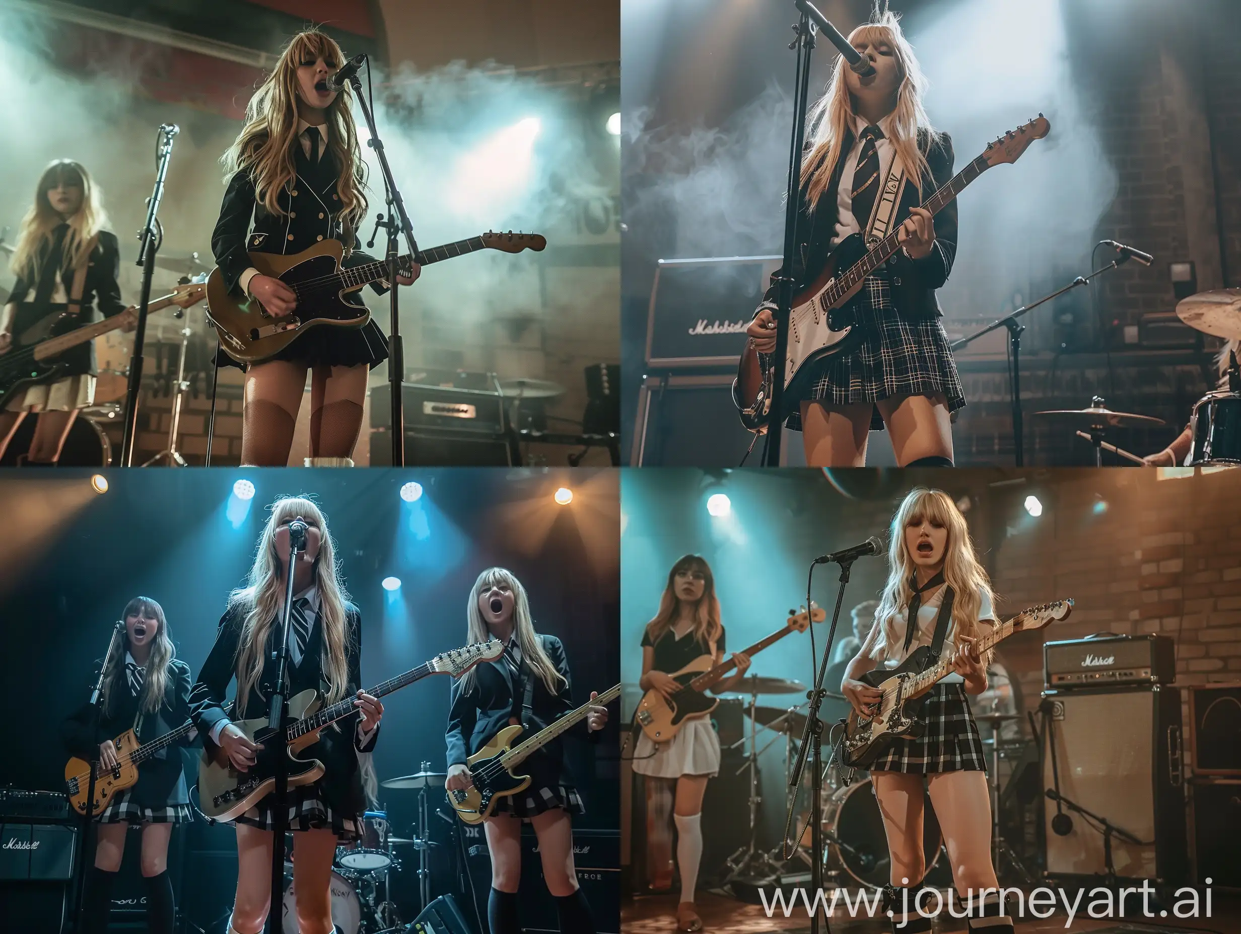 a band girls, long blond hair ,bangs, fringed hair, 22 years old, guitars, singing on stage, down view, singing with a band, influencer, beauty ,, black rbd school uniform, makeup,,  , socks and boots, no effect,  no filters , iphone photo natural