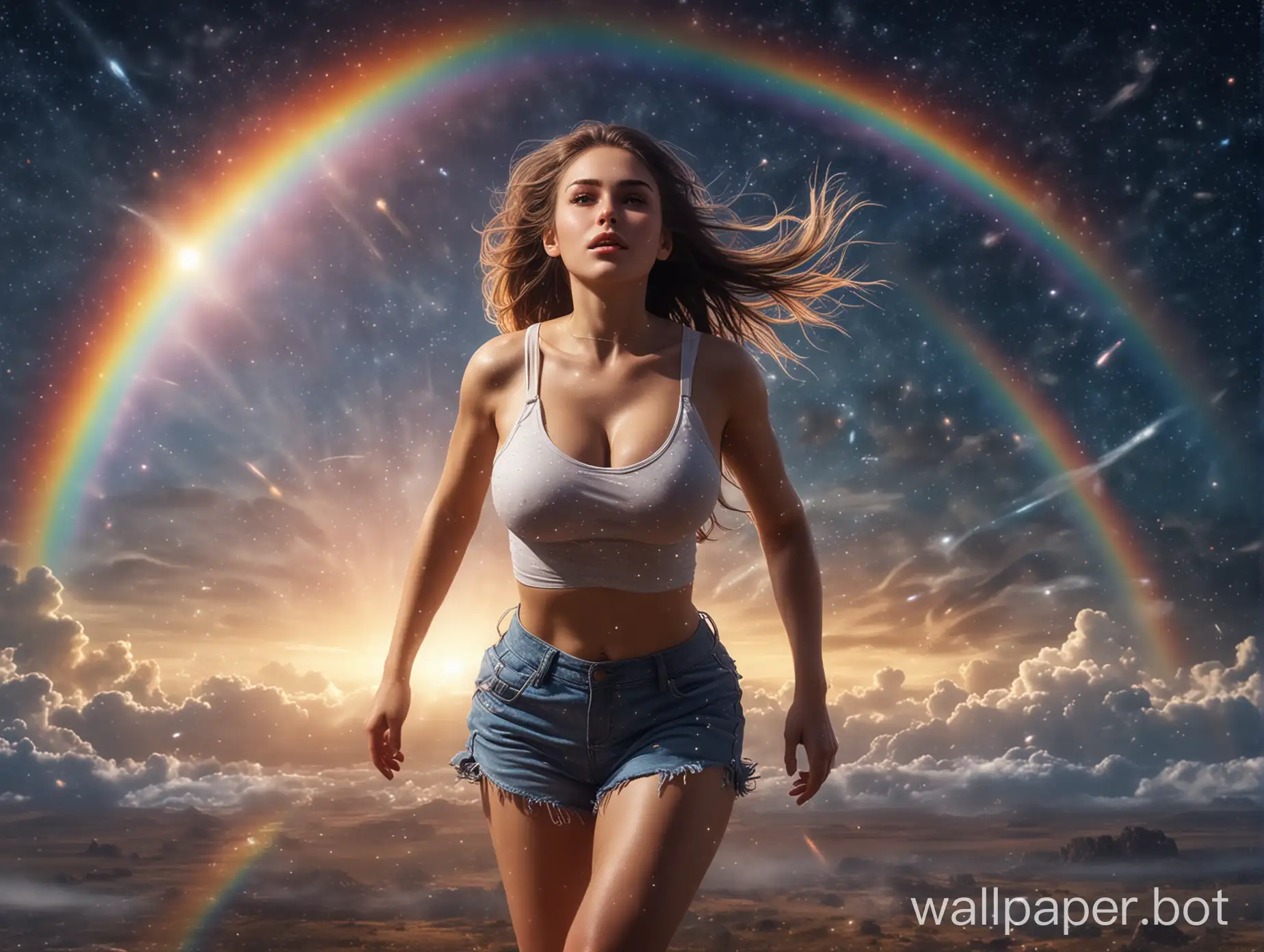 beautiful girl with big breasts runs near the rainbow on a starry sky background. full size. photorealism. in the genre of science fiction. bright stars behind the planet