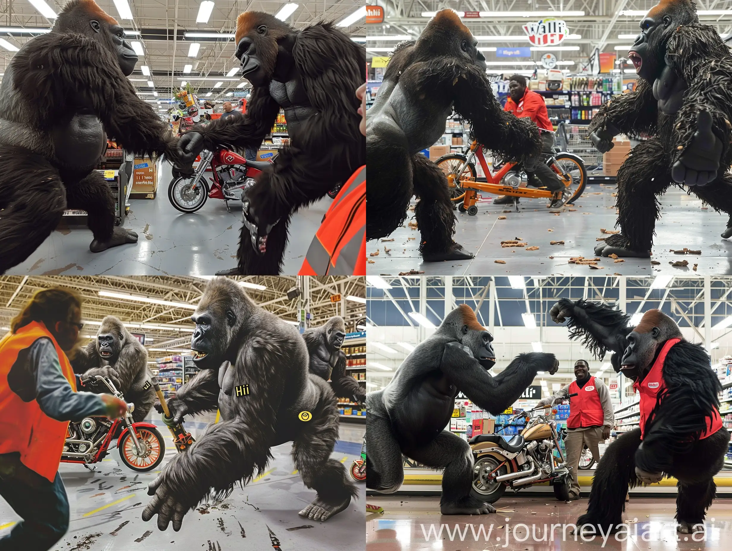 A chaotic scene inside a Walmart store, where a harried employee frantically tries to escape from a group of oversized gorillas. The apes, each wielding a junkyard scooter, have invaded the store, causing havoc and mayhem. The Walmart employee, identified by their red vest, desperately tries to flee the scene, only to find themselves trapped between two of the gorillas. In the background, an Amsterdam motorcycle, parked inside the store, can be seen, its distinctive orange and white coloring standing out against the disarray. A nearby customer, apparently trying to make light of the situation, has begun a humorous Snapchat conversation, with the message "Walmart meme when you're finished shopping" accompanied by a smiling emoji. The employee, overwhelmed by the absurdity of the situation, manages to send a brief reply: "Wahllhi I'm finshied 😂" - a humorous play on the Walmart name and the emoji for the word "finished." The Snapchat conversation serves as a comedic relief amidst the chaos, adding an unexpected layer of humor to the otherwise disastrous scenario.