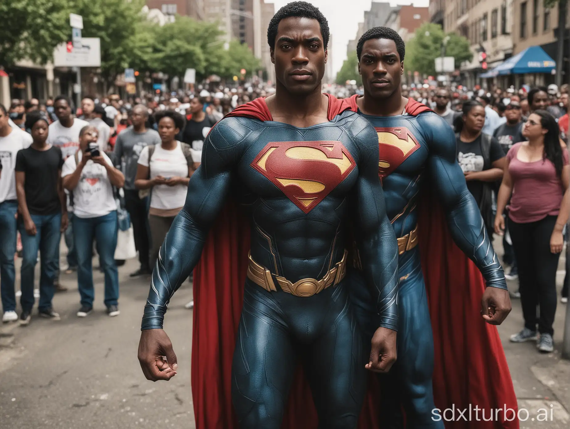 Black superman helping people