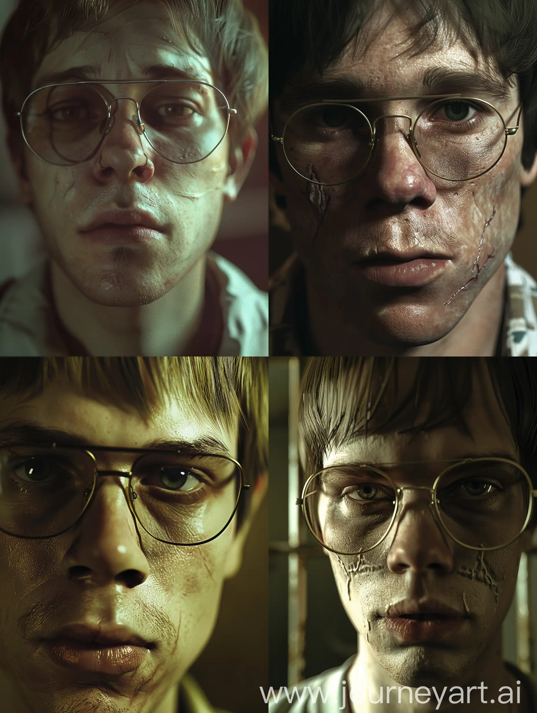 /imagine prompt: A photorealistic image of Jeffrey Dahmer, close-up of his face, wearing glasses, neutral expression. Background is a blurred, indistinct scene. Soft lighting highlighting facial features. Created Using: Nikon camera, high-definition, soft focus, realistic texture, natural lighting, shallow depth of field, portrait mode, detailed realism --v 6.0