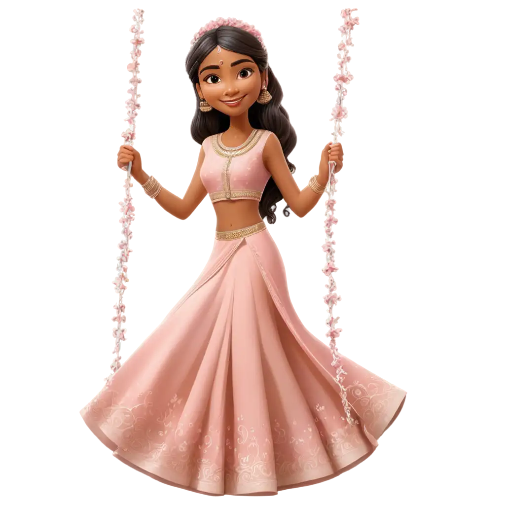 cartoon 
light brown skin indian bride in pink lehenga on swing and florals