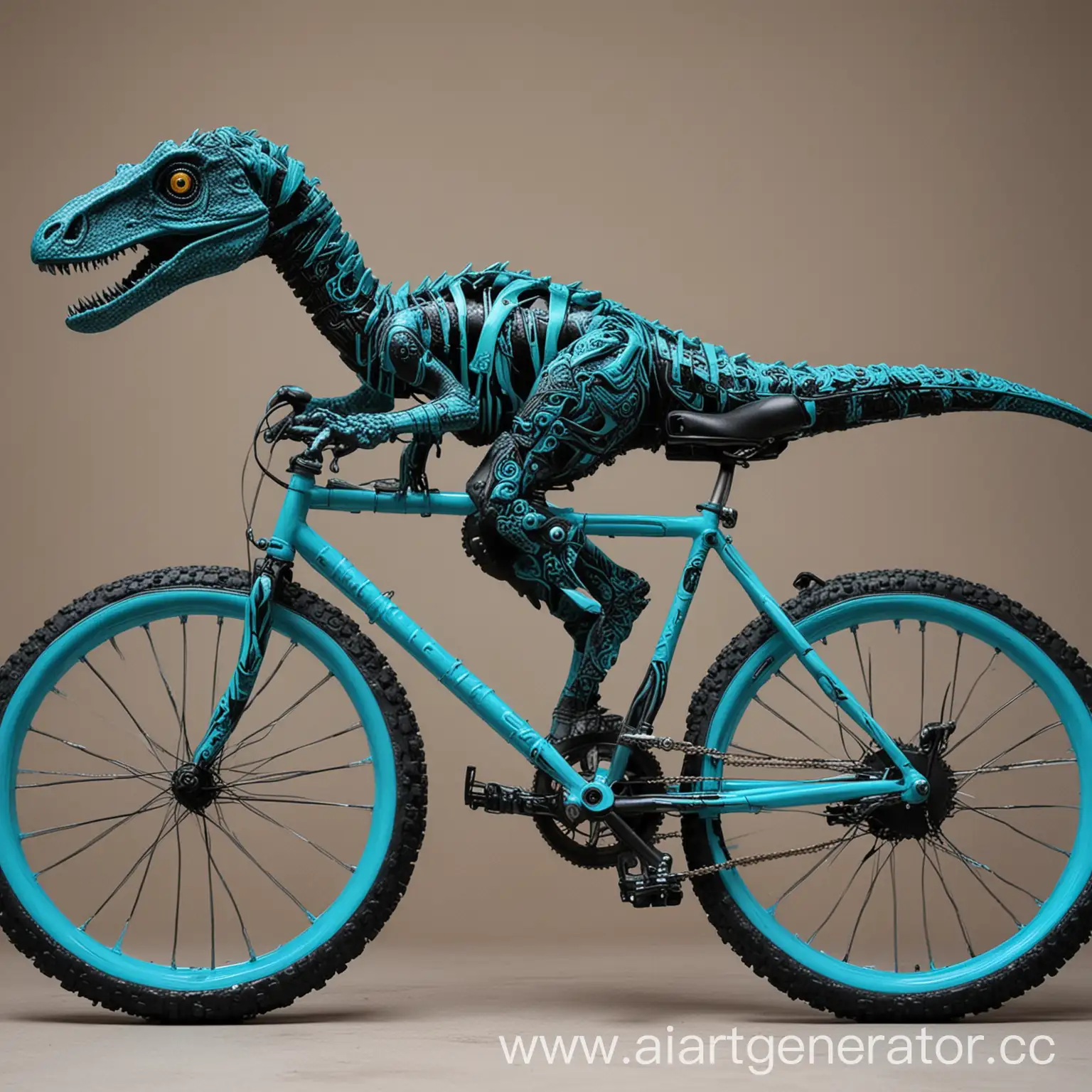 Velociraptor-Riding-a-Black-and-Turquoise-Bike