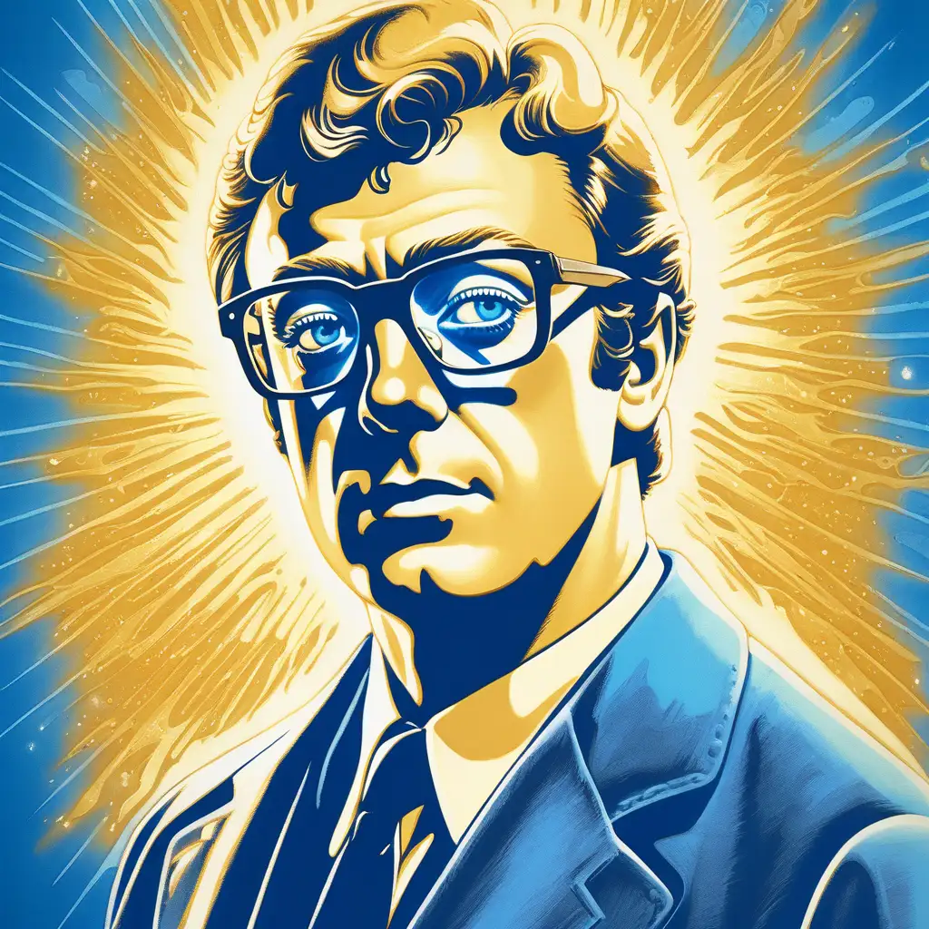 Young Michael Caine with Glasses and Golden Prophet in Retro Style Artwork