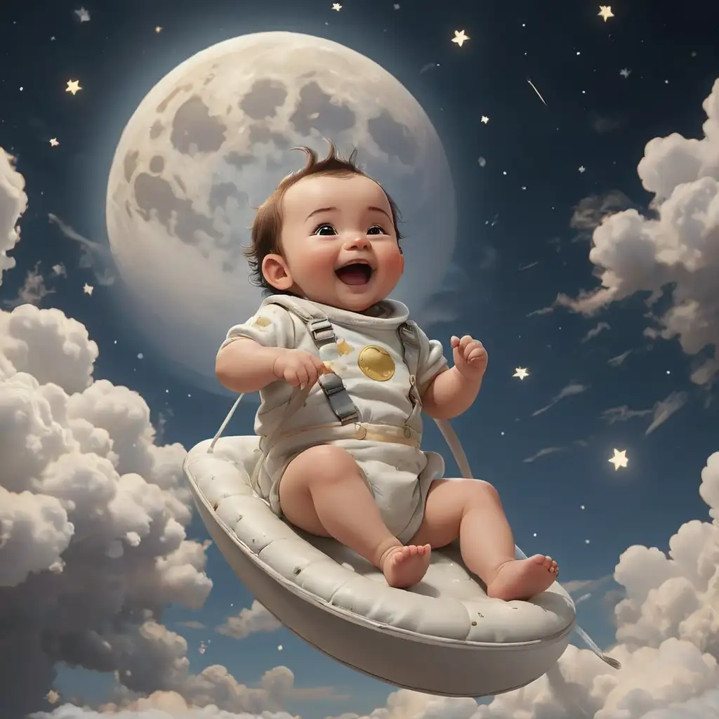 a baby happily sliding down the clouds with a a huge moon in the background and a sky full of stars
