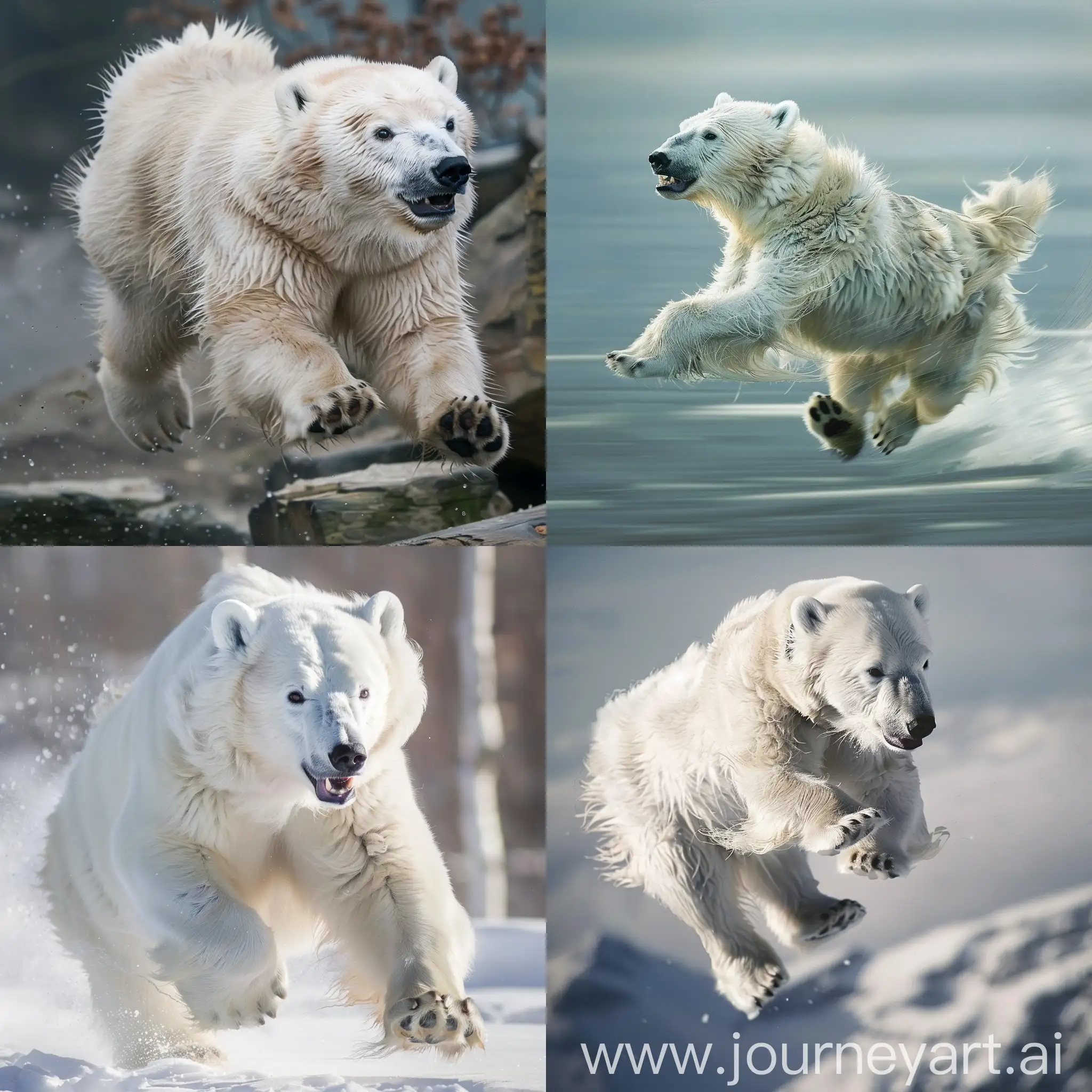 Playful-White-Polar-Bear-Dog-Running-in-Snowy-Landscape