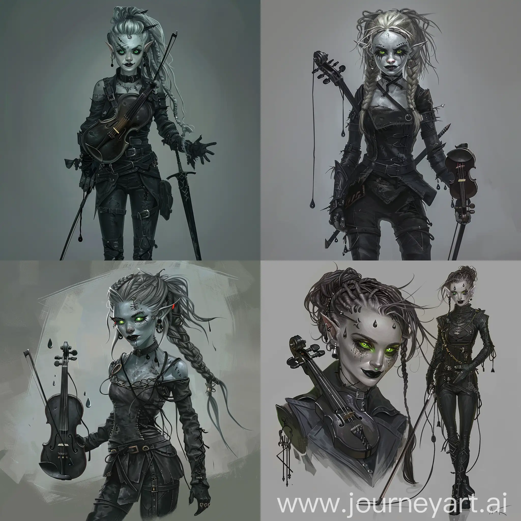 Character concept art. Full body. Young woman dark elf (Drow) with pale skin color and ash braided hair. She has messy hairstyle, dark green glowy eyes, dark lips and black teardrops. Her look is sadistic and evil (crazy) smile. She has eyebrow piercing, ear piercing, black slim leather armor, violin in left hand, rapier in right hand (she play violin by the rapier). She wear strict shirt with open neck and long sleeves and high pank black shoes. She look like bard from DnD. Midnight. Image is sinister and in dark gray tones.