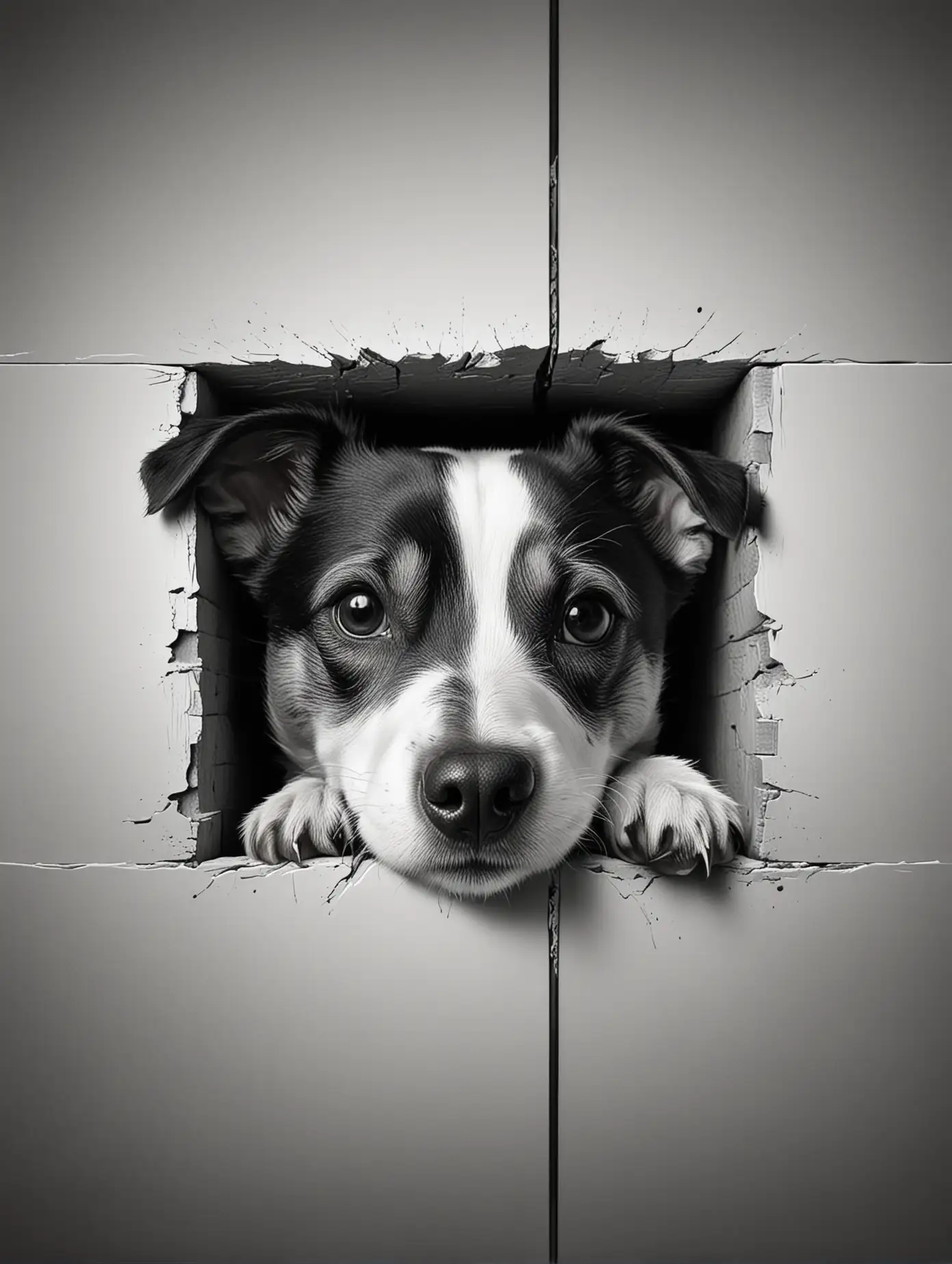 a black and white illustration of a Jack Russell Terrier 
 dog’s head and front paws resting over a horizontal line, giving the impression that the dog is peeking over a surface. The stylized artwork features bold lines and contrasting areas of black and white, creating an interesting visual effect. The dog appears to be a breed with pointed ears.