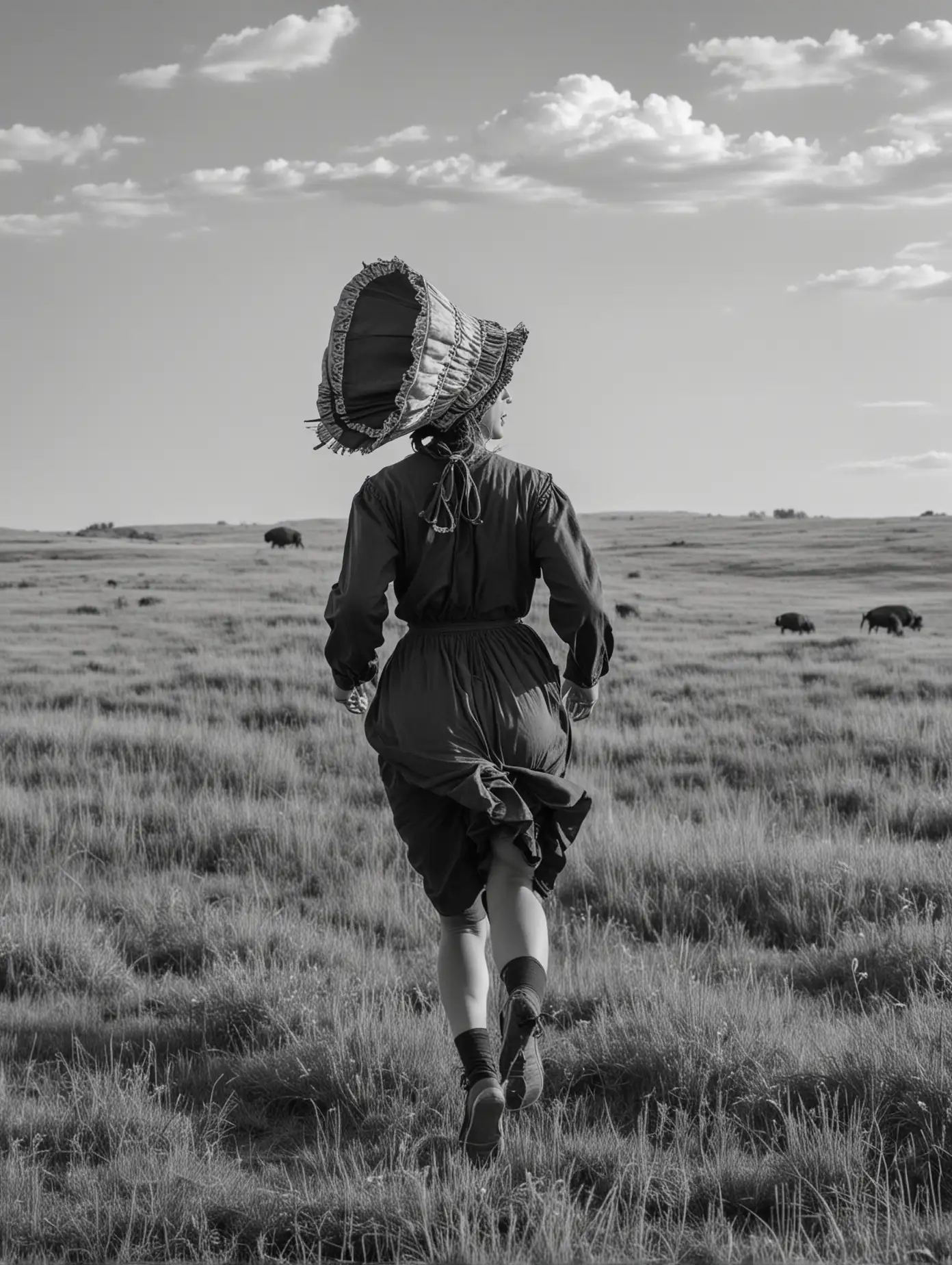 A woman runs through the prairie. She is a pioneer and wears a bonnet. There are buffalo in the background. She is seen from the side. In black and white.