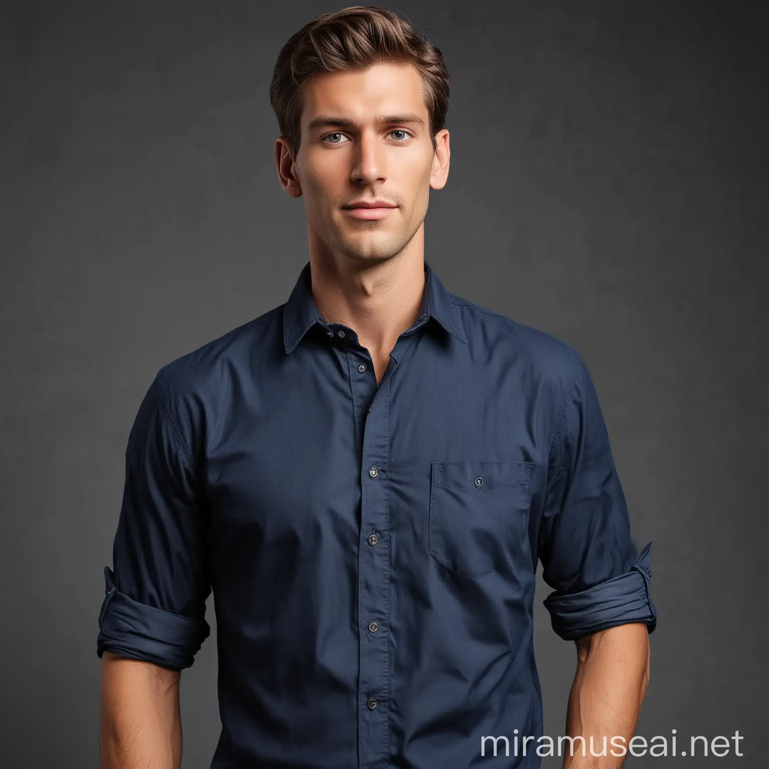 handsome tall man, wearing a blue navy shirt