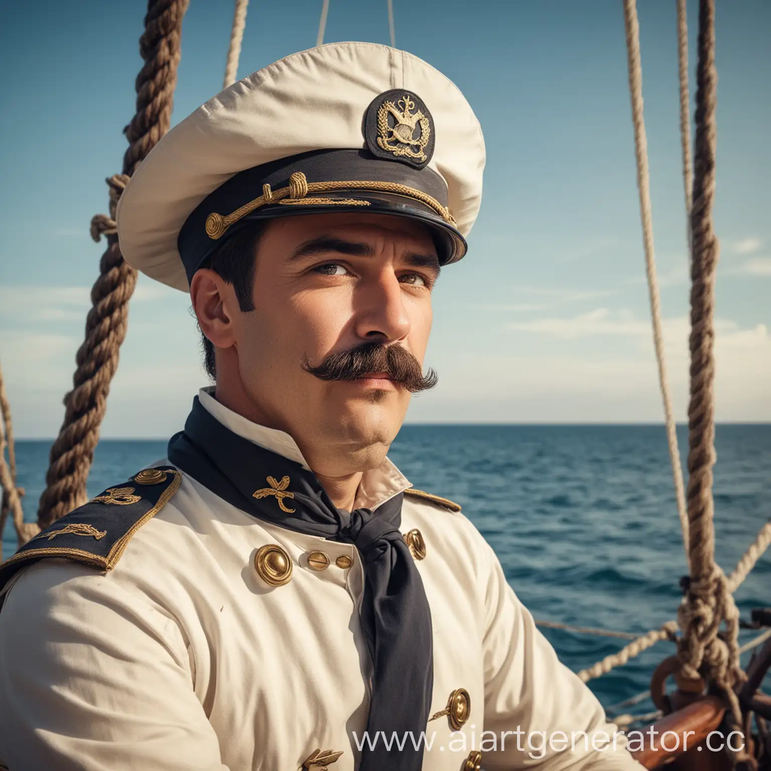 Капитан человек с усами на паруснике  смотрит на красивый вид на море