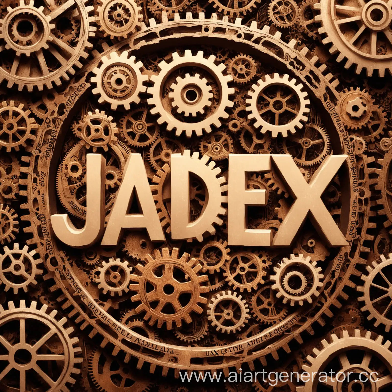 надпись JADEX посередини, вогруг надписи шестерёнки , всё в коричневых цветах