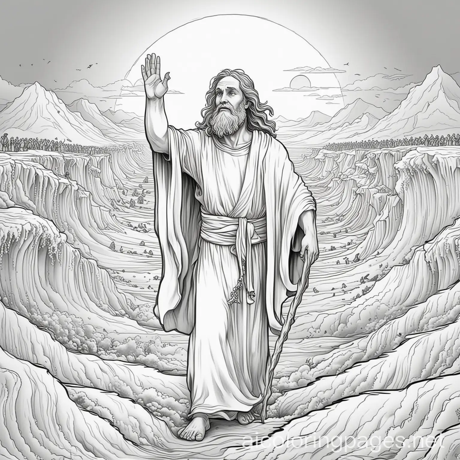 Moses parting the red sea, black and white, coloring page, Cartoon style for children, Coloring Page, black and white, line art, white background, Simplicity, Ample White Space. The background of the coloring page is plain white to make it easy for young children to color within the lines. The outlines of all the subjects are easy to distinguish, making it simple for kids to color without too much difficulty
