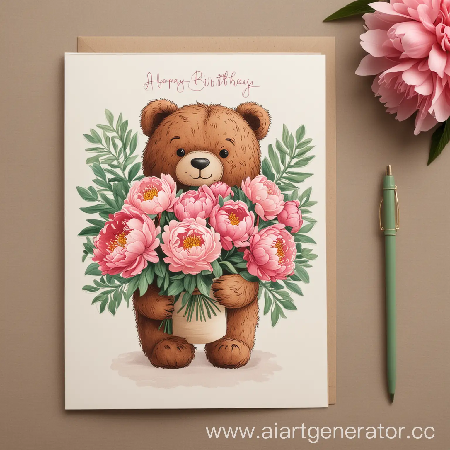 Birthday-Card-Design-Plush-Bear-with-Peony-Bouquet-Greeting