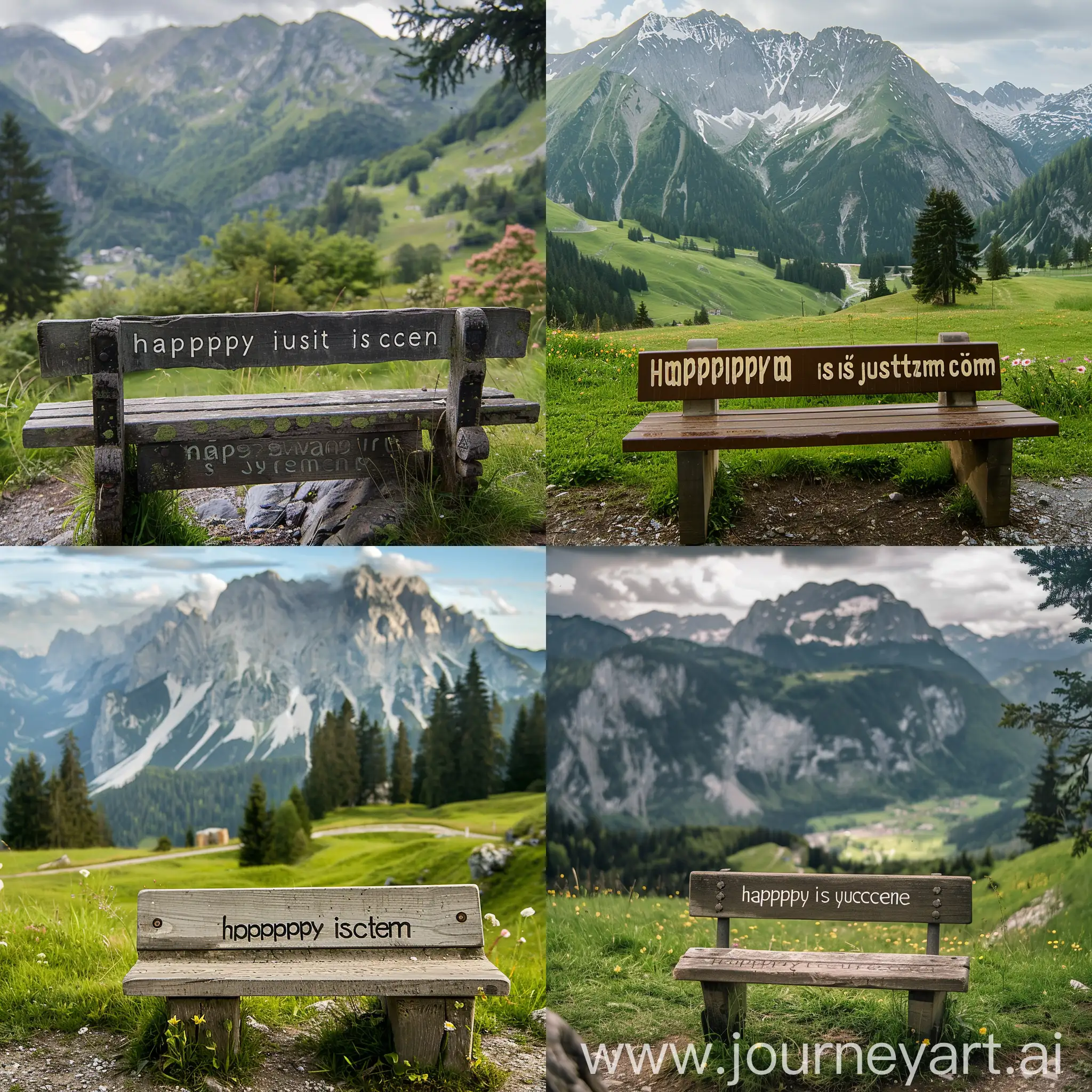A bench in the mountains with the inscription happiness is just around the corner 
