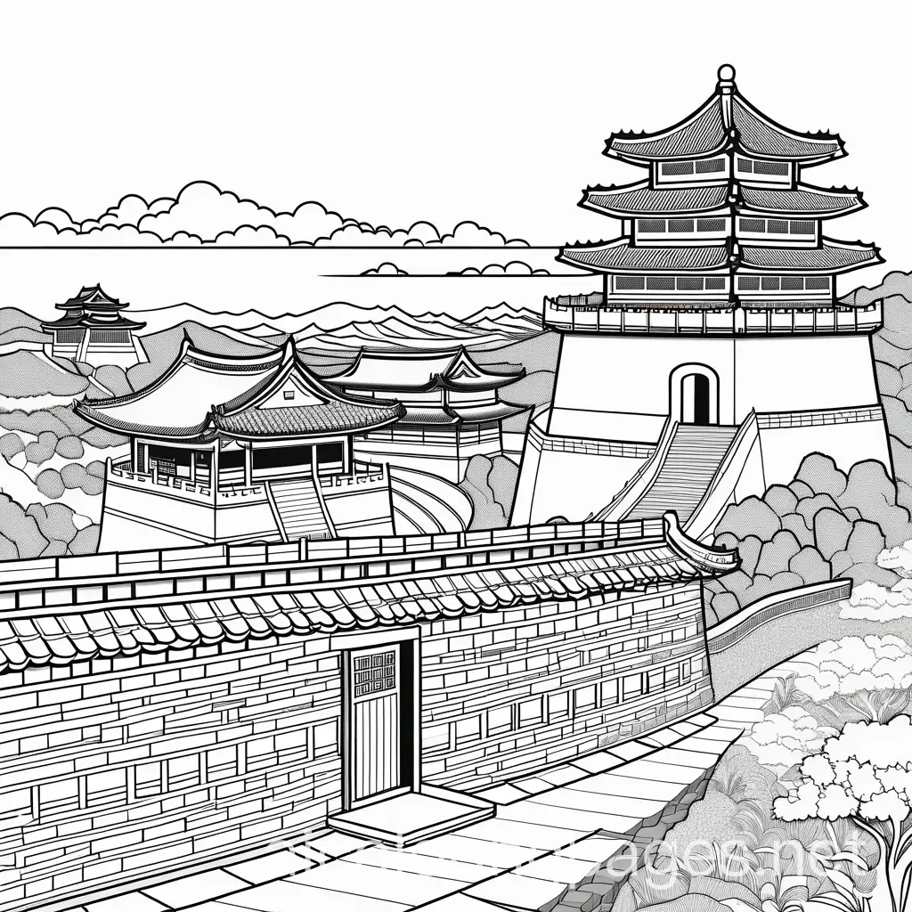 creae a coloring page of Hwaseong Fortress in Suwon, easy to color, Coloring Page, black and white, line art, white background, Simplicity, Ample White Space. The background of the coloring page is plain white to make it easy for young children to color within the lines. The outlines of all the subjects are easy to distinguish, making it simple for kids to color without too much difficulty