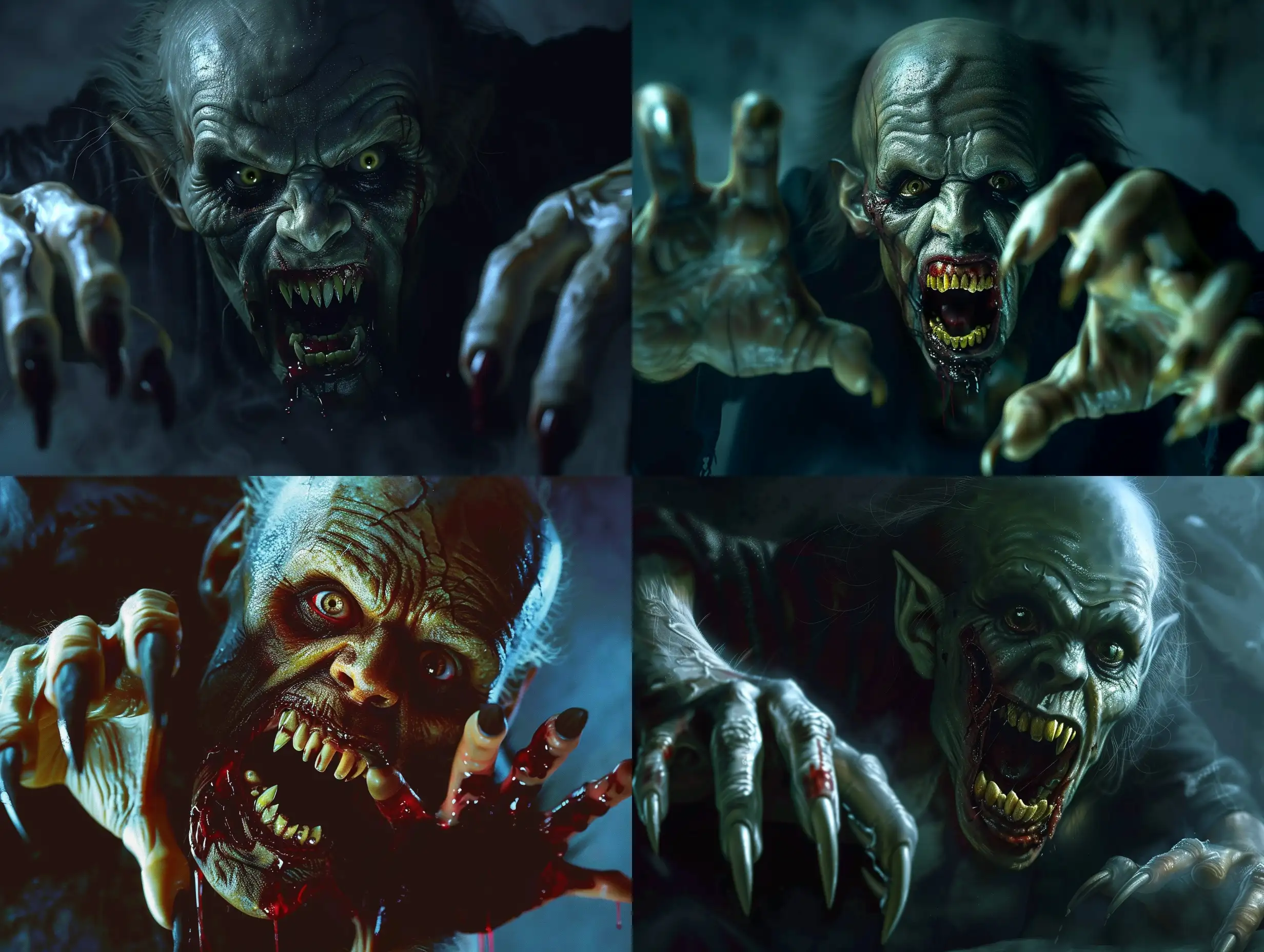 Photorealism nightmare scene of a monstrous female vampire with long, curved, pointed nails, exuding an aggressive and terrifying presence. Her pointed, crooked teeth form a scary expression amidst a dark and atmospheric setting. The high-quality depiction should capture the aggressive attack, emphasizing her predatory fangs and detailed nails in a hyper-realistic manner. The lighting should contribute to the horror atmosphere, ensuring a full-body portrayal with realistic hyper-detail. The character design should convey a playful yet menacing quality, with full anatomical accuracy including distinctly human hands with five fingers. The final image must be very clear without flaws, portraying the vampire with unparalleled photorealism.