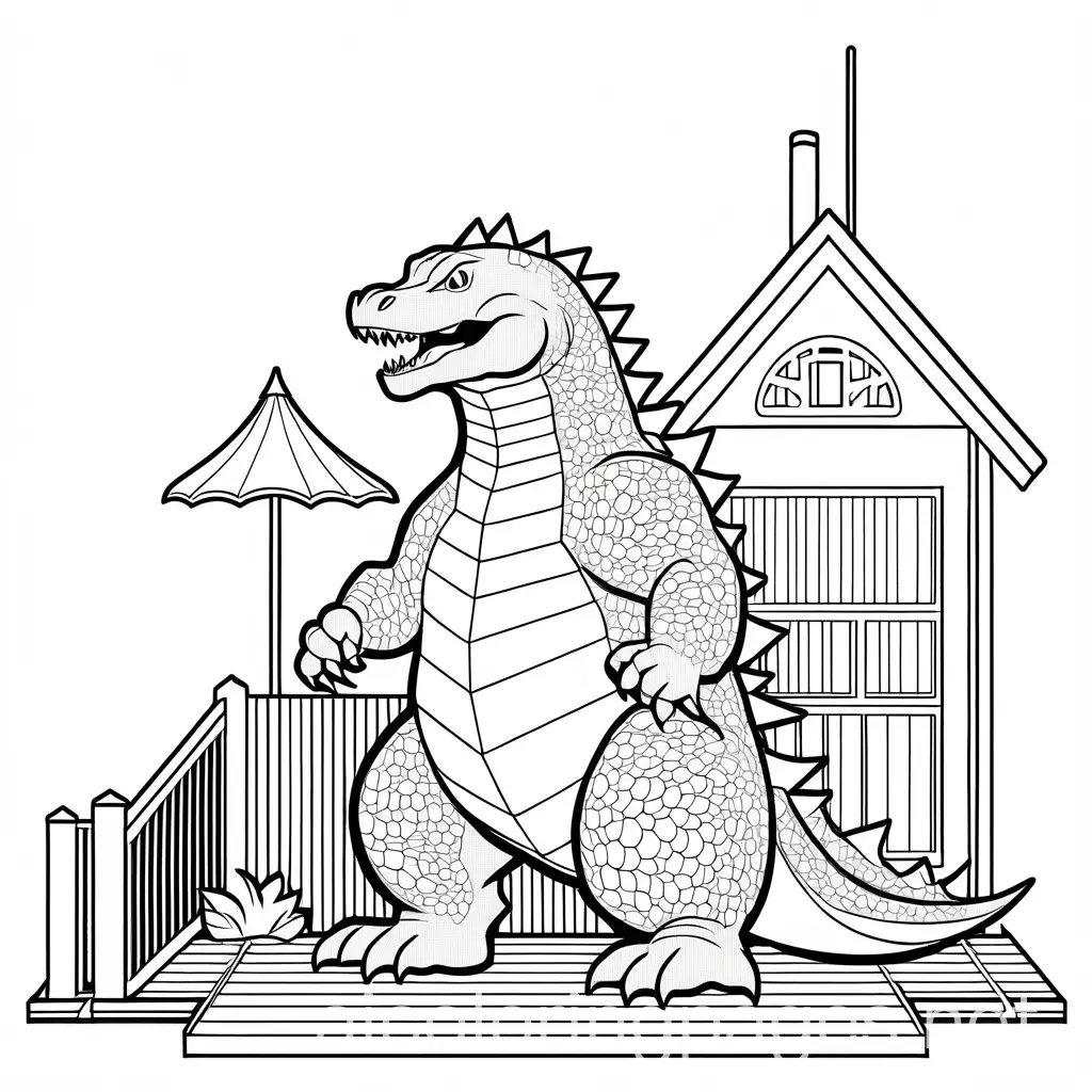 cuten godzilla in a house, Coloring Page, black and white, line art, white background, Simplicity, Ample White Space.n The background of the coloring page is plain white to make it easy for young children to color within the lines. The outlines of all the subjects are easy to distinguish, making it simple for kids to color without too much difficulty