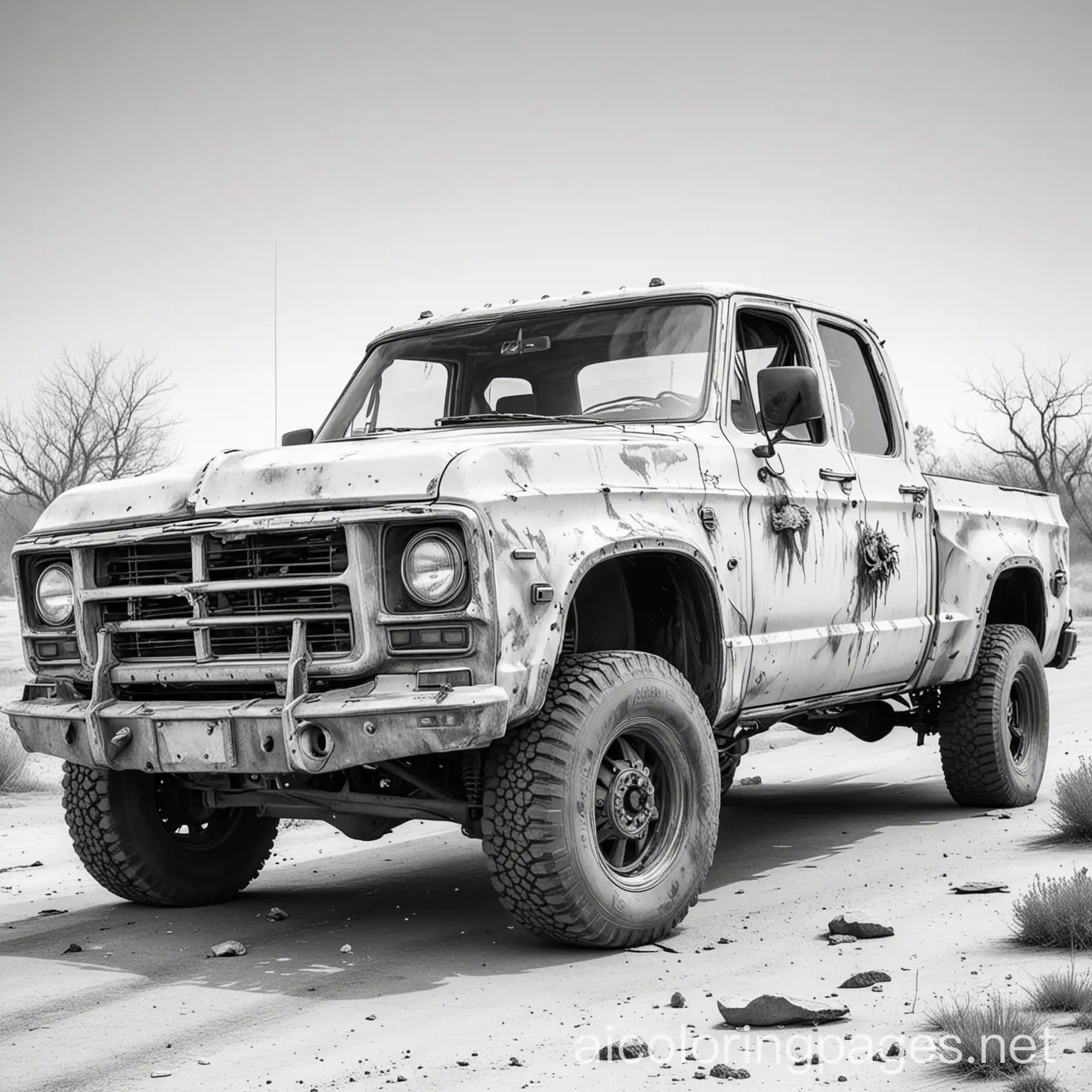 four door pickup truck apocalypse zombie, Coloring Page, black and white, line art, white background, Simplicity, Ample White Space