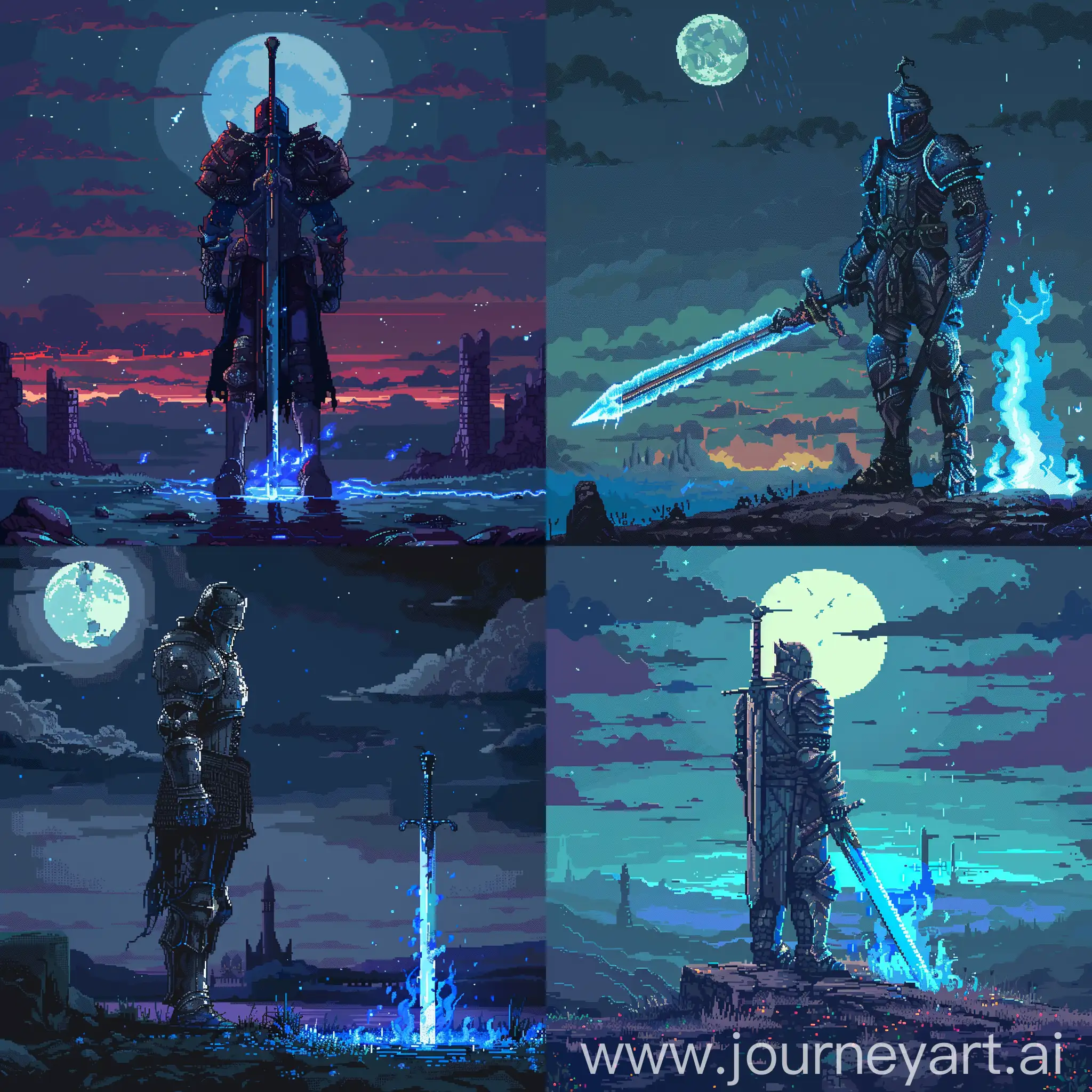 dark fantasy 2d pixel art, tall swordsman with heavy armor and a heavy sword, an open plain with moonlight background, sword on blue fire, camera from a distant perspective 