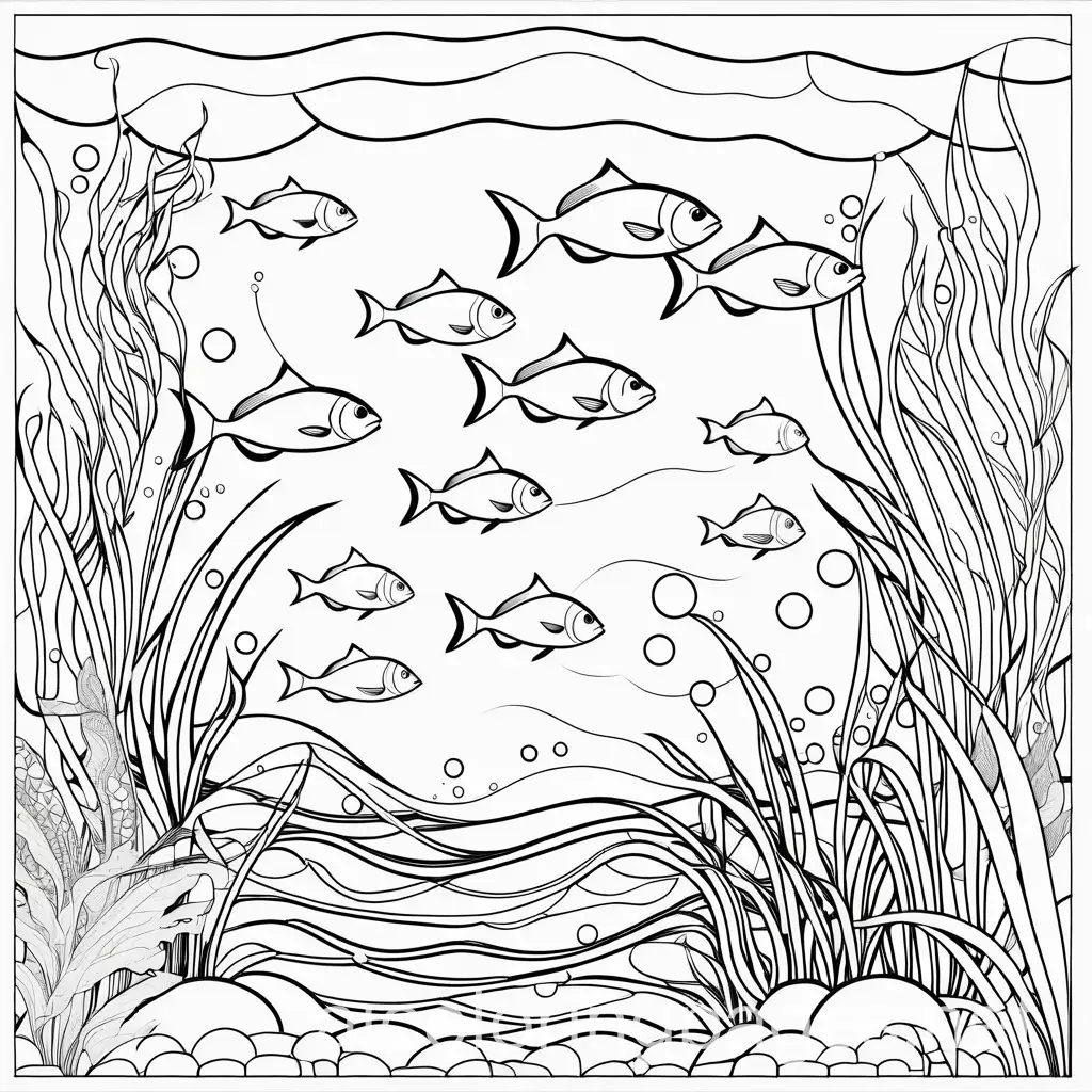 Underwater, Coloring Page, black and white, bold marker thick outline, no grey shadings, white plain background, Simplicity, Ample White Space. The background of the coloring page is plain white. The outlines of all the subjects are easy to distinguish., Coloring Page, black and white, line art, white background, Simplicity, Ample White Space. The background of the coloring page is plain white to make it easy for young children to color within the lines. The outlines of all the subjects are easy to distinguish, making it simple for kids to color without too much difficulty